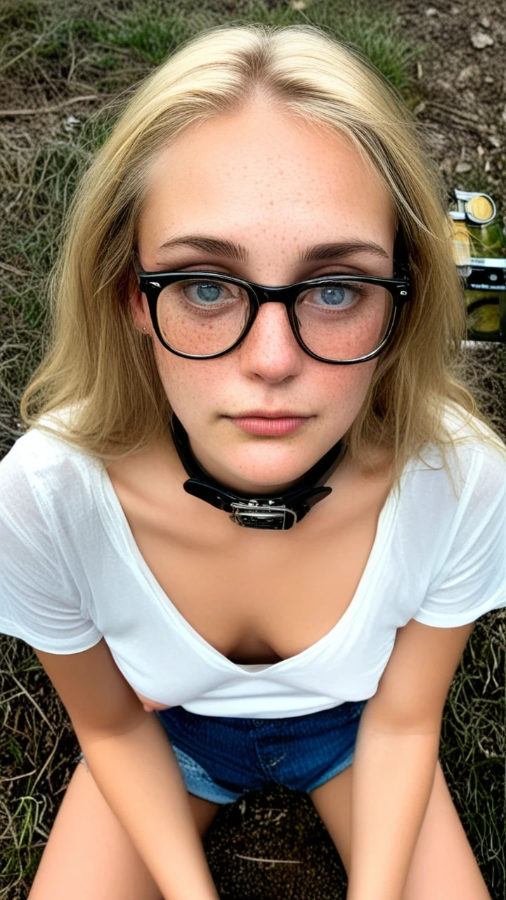 (One_girl), (flat_chest), (glasses), (blonde), (sitting on the ground), (subject is viewed from above), (camera man is standing over subject), (freckles), (blushing), (flustered), (subject is wearing a loose shirt), (the nipples of the subject can be seen down the collar of the loose shirt), (big eyes), (nipples), (looking away from camera), (shy), (down blouse view),