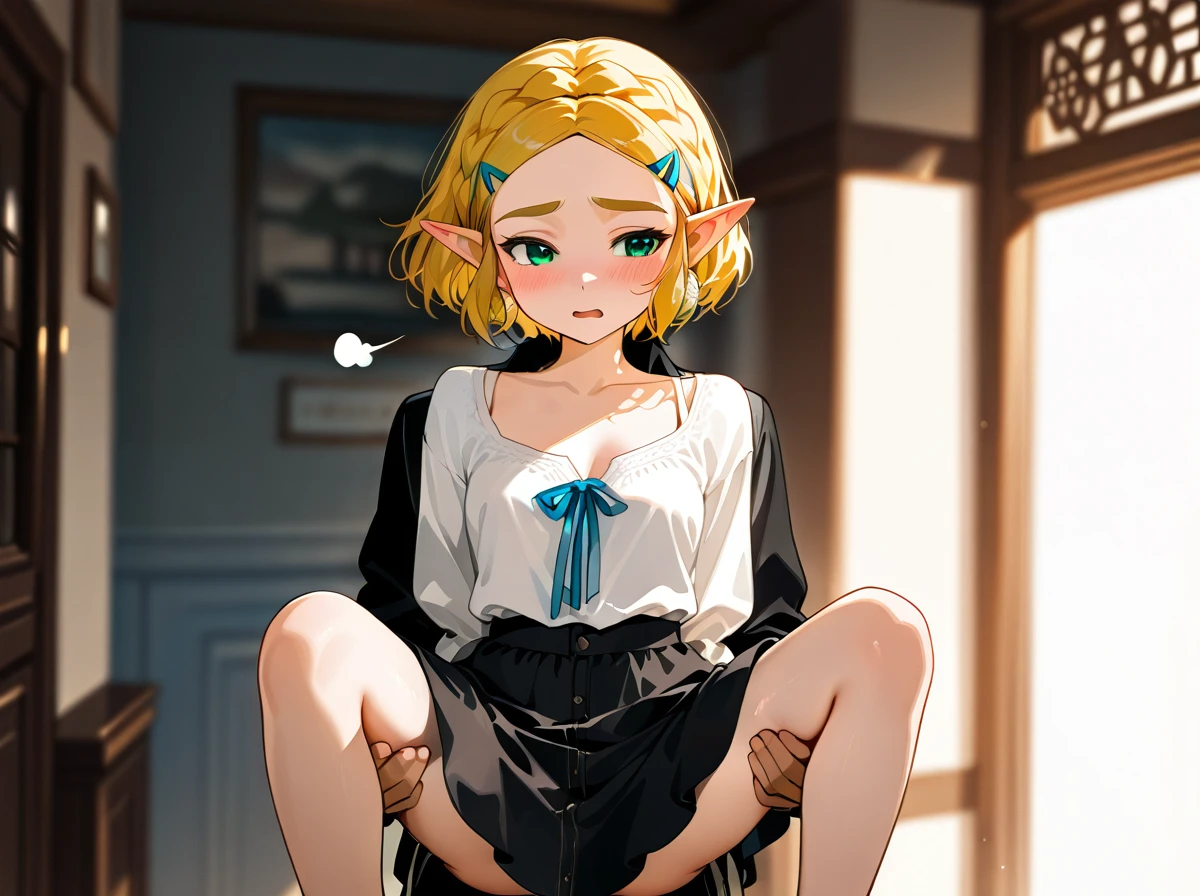 @princess_zelda,  (wide_shot), (full_body),  casual_clothes, casual_skirt, low_cut_blouse, wedge, casual_blouse,  petite, teen,  (carrying_under_arm), open_legs, carry,  (sigh), (open_mouth), (blush),  (threesome), (double_penetration) ,between_two_men, (grabbing),