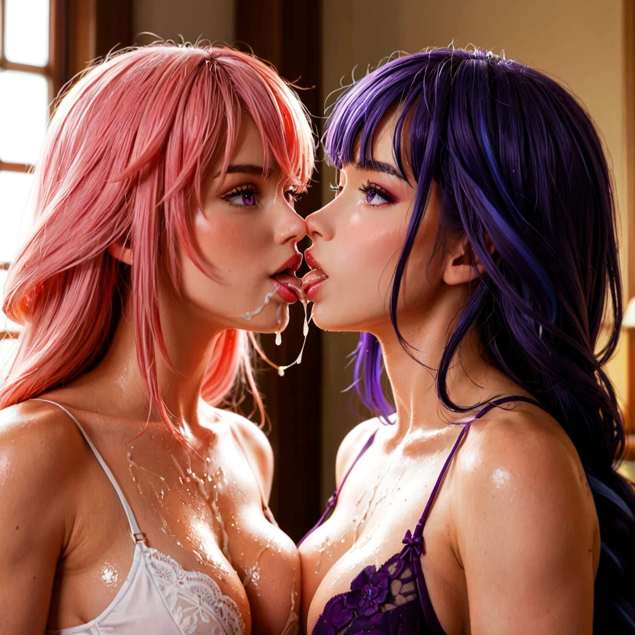 threesome,(2girl), , threesome,2girl,1boy , kissing_neck, cum_covered, oiled_penis,pink_tongue, ,golden_neclace,,undersized_bra,no_shoes, medieval, ultradetailed, backlit @raiden_shogun @yae_miko