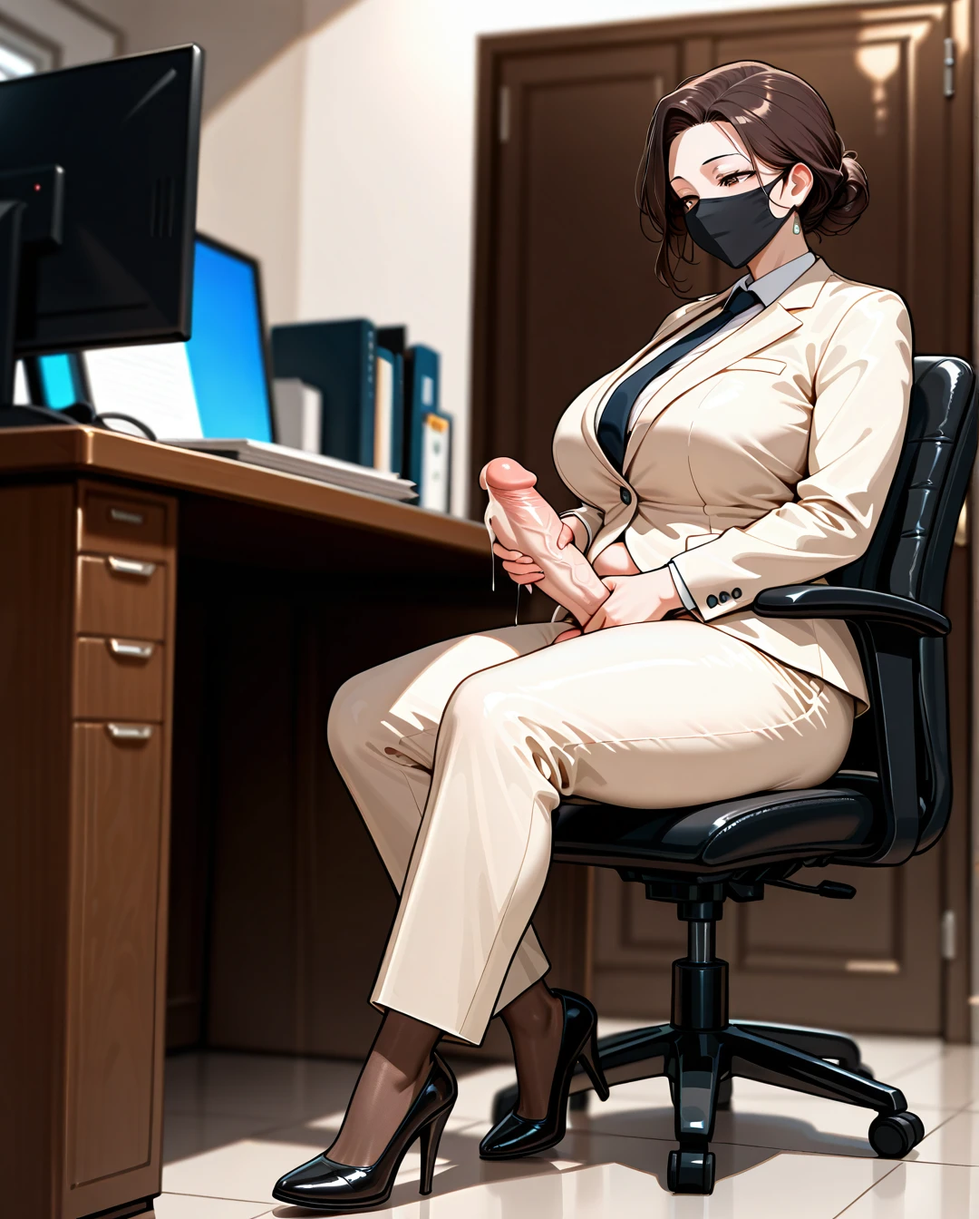 (fat) (futanari) (mature_female), black facemask, brunette hair in a bun, beige buttoned-up long sleeve suit with tie, beige long trousers, black high heel pumps, brown stockings, (standing), (futanari_masturbation), office, sitting on a chair, (full_body)