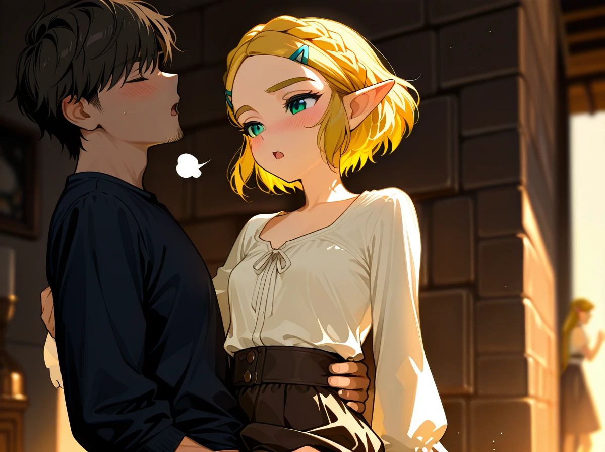 1girl, 2boys, @princess_zelda,   (full_body),   teen, petite,   casual_clothes, skirt, blouse, low_cut_blouse, casual_skirt, wedge,   (sigh), (open_mouth), (blush),  (double_penetration), (carrying_under_arm),