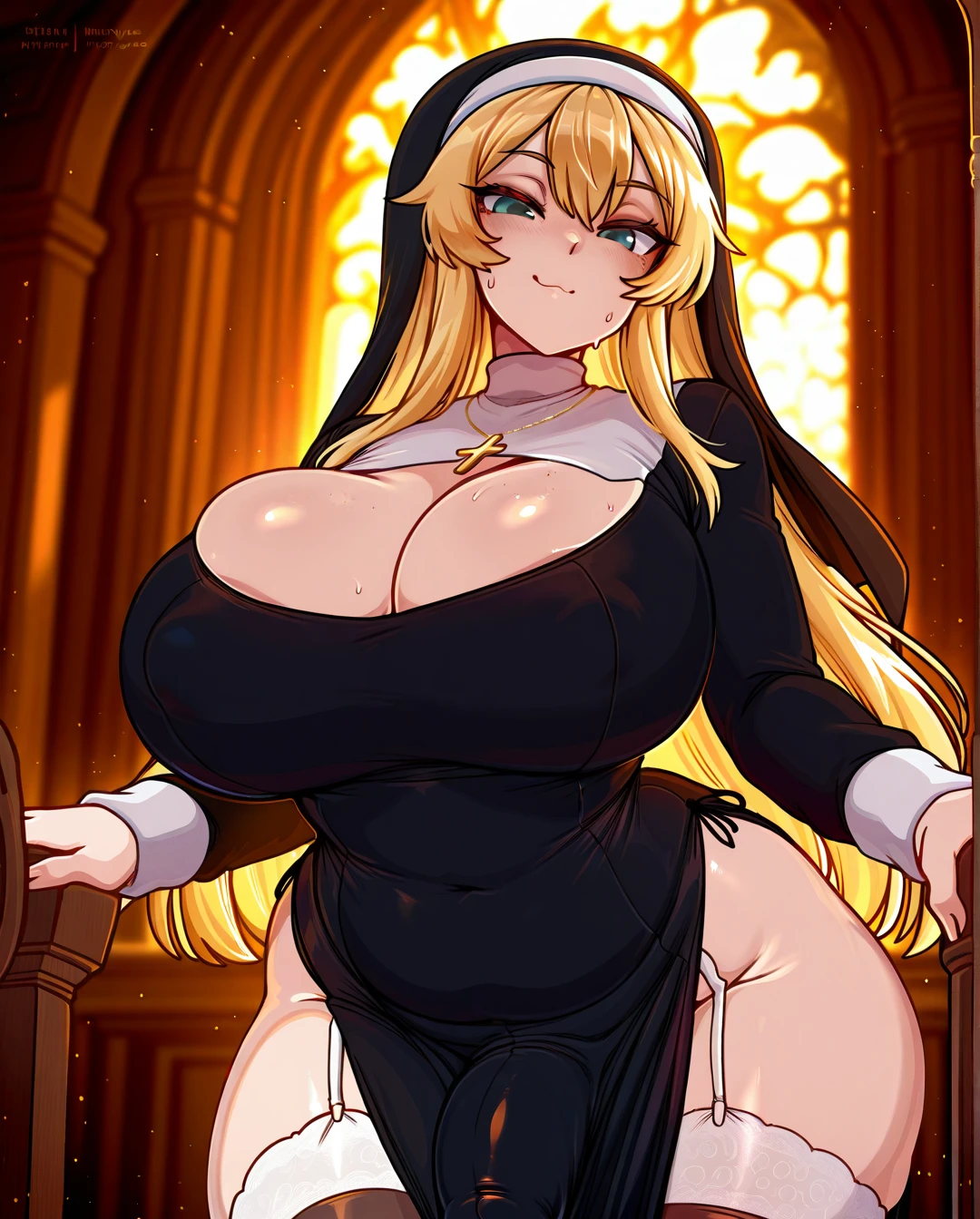 merunyaa, wide hips, blonde, long hair, (gigantic_breasts), neckline, (sagging_breasts), (plump), tight nun outfit, stockings, futanari, giant cock bulge, large cock, veiny cock