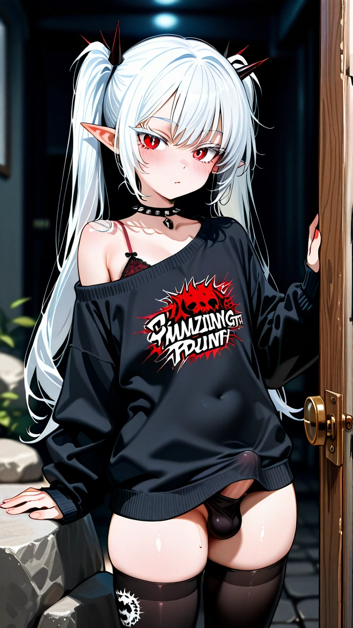 (otoko_no_ko), (red_eyes), white_eyelashes, white_hair, long_hair, twin_ponytails, pointy_ears, choker_with_spikes, black_sweater, pants, one_shoulder_naked, thighhighs, rock_print, (bra), penis_bulge, erection_under_clothes,