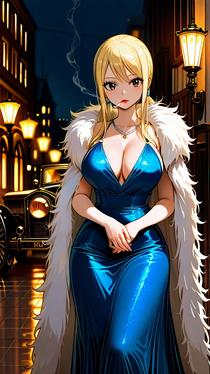 A femme fatale in the style of the 1940s, dressed in an elegant blue evening dress with a fur cape, stands in a dimly lit room flooded with the soft light of retro lamps. In her hand is the long mouthpiece of a cigarette, thin streams of smoke hover in the air. The background is a vintage cityscape with shadows reflecting the aesthetics of classic noir: street lights, an antique car, silhouettes in hats. The makeup is dramatic - black eyeliner, red lipstick, cold elegance and an aura of mystery. The atmosphere is mysterious, glamorous, luxurious. @lucy_heartfilia