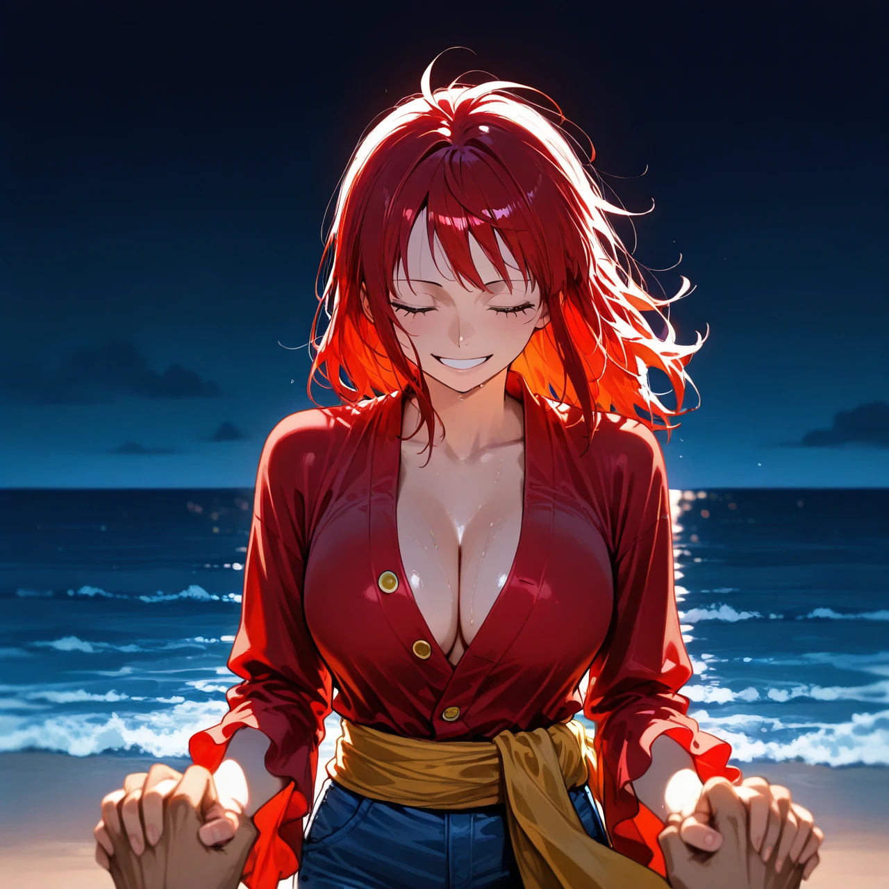 @monkey_d._luffy and Woman 20 years old holding hands. Woman has long red hair, closed eyes. Both are smiling. Background is the sea.