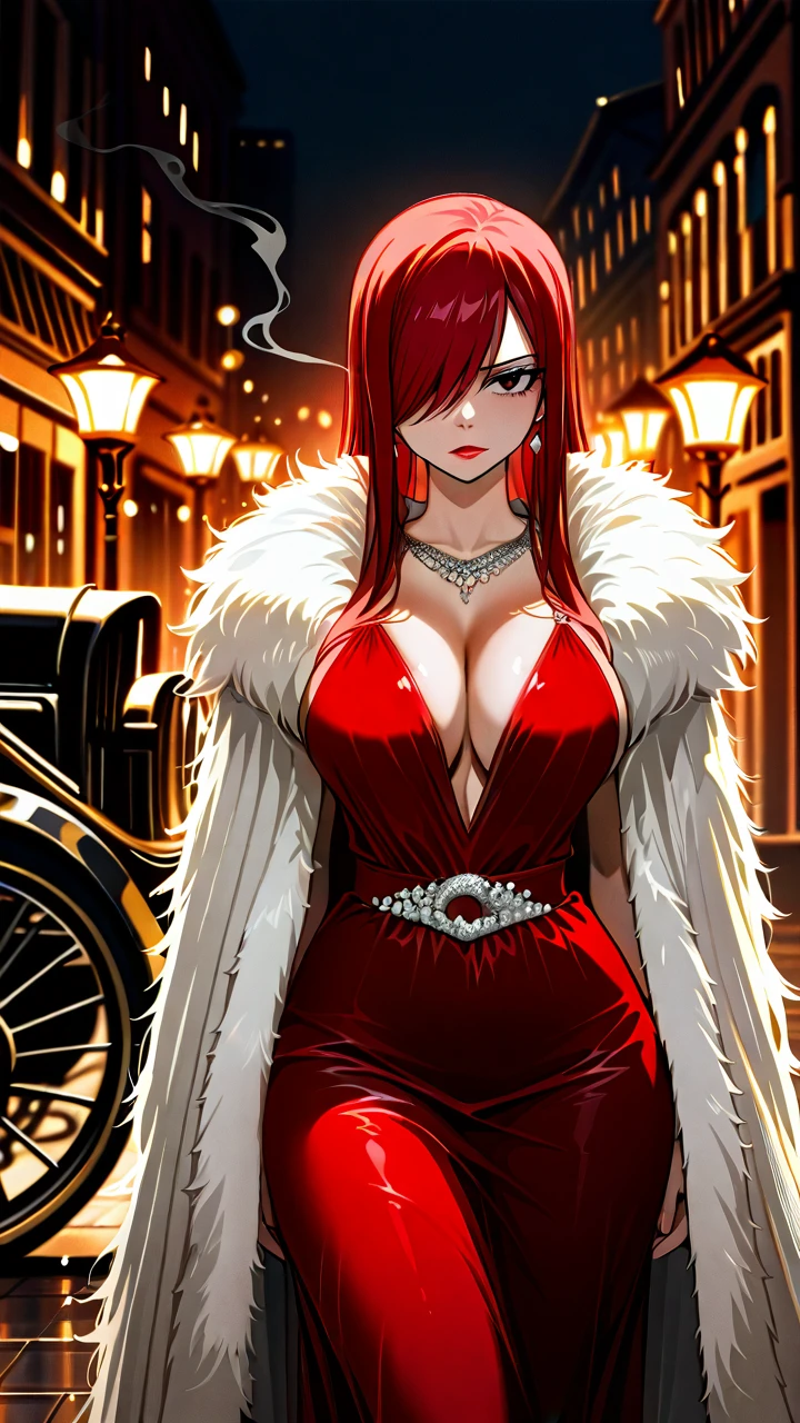 A femme fatale in the style of the 1940s, dressed in an elegant red evening dress with a fur cape, stands in a dimly lit room flooded with the soft light of retro lamps. In her hand is the long mouthpiece of a cigarette, thin streams of smoke hover in the air. The background is a vintage cityscape with shadows reflecting the aesthetics of classic noir: street lights, an antique car, silhouettes in hats. The makeup is dramatic - black eyeliner, red lipstick, cold elegance and an aura of mystery. The atmosphere is mysterious, glamorous, luxurious. @erza_scarlet