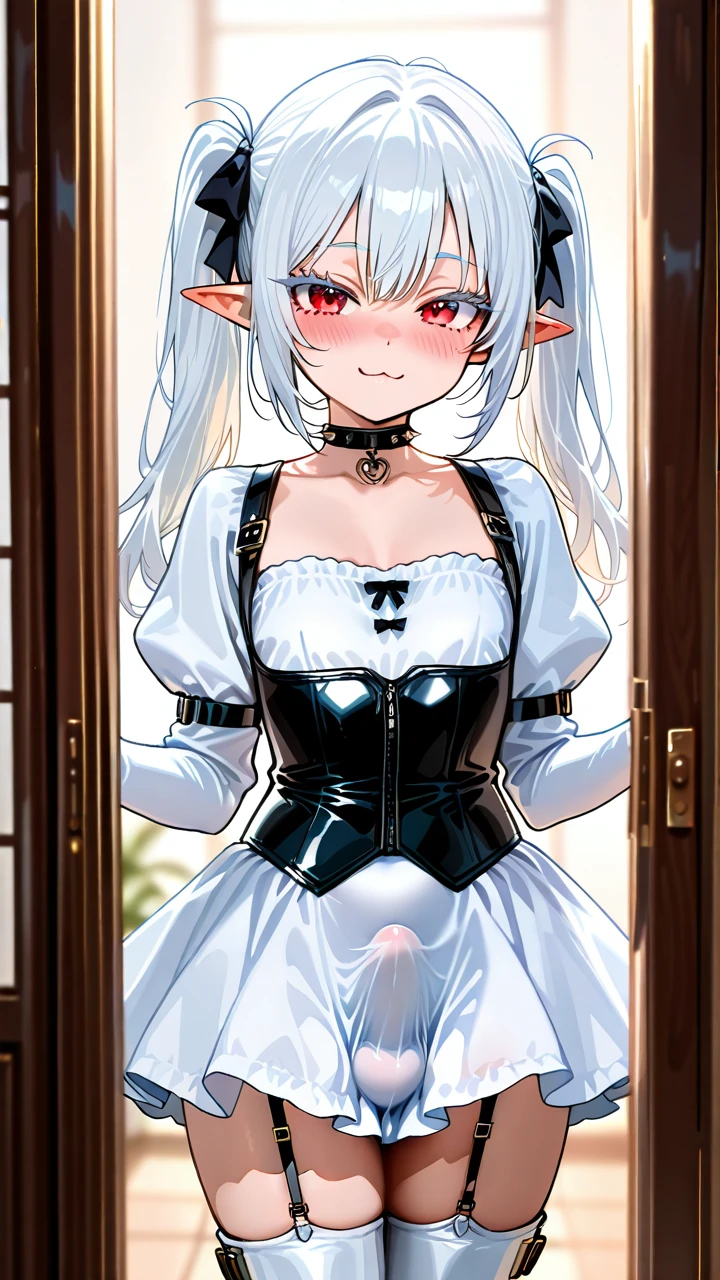 (otoko_no_ko), white_hair, (red_eyes), long_hair, white_eyelashes, pointy_ears, twin_ponytails, :3, (blush), white_dress, (bustier), leather_belts, puffed_sleeves, white_high_thigh_boots, choker_with_spikes, garter_straps, penis_bulge, (underbust),