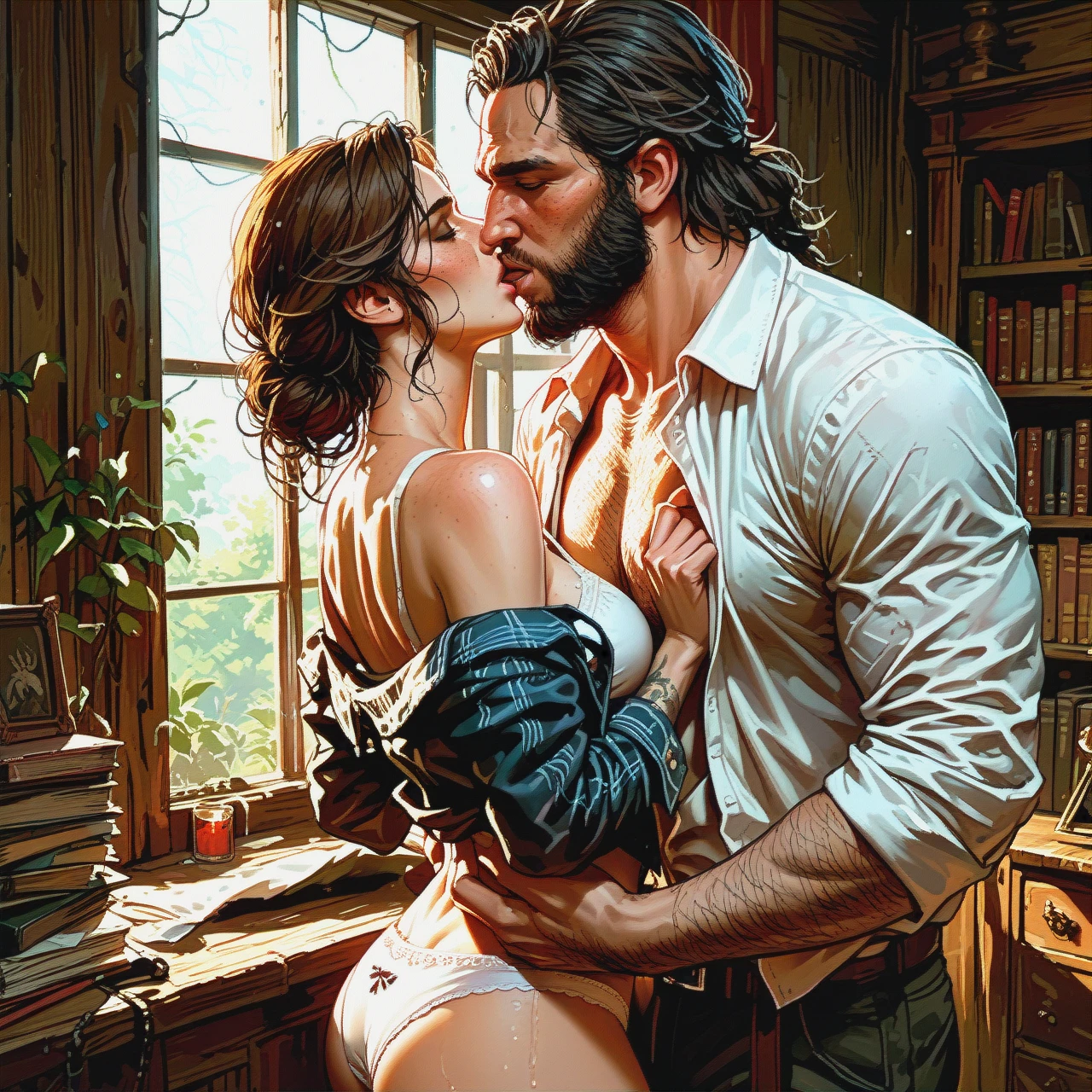 , man and woman, (kissing_neck), size difference, bearded sheriff, red dead redemption , (undressing) , (sex) , wild, passionate, panties,