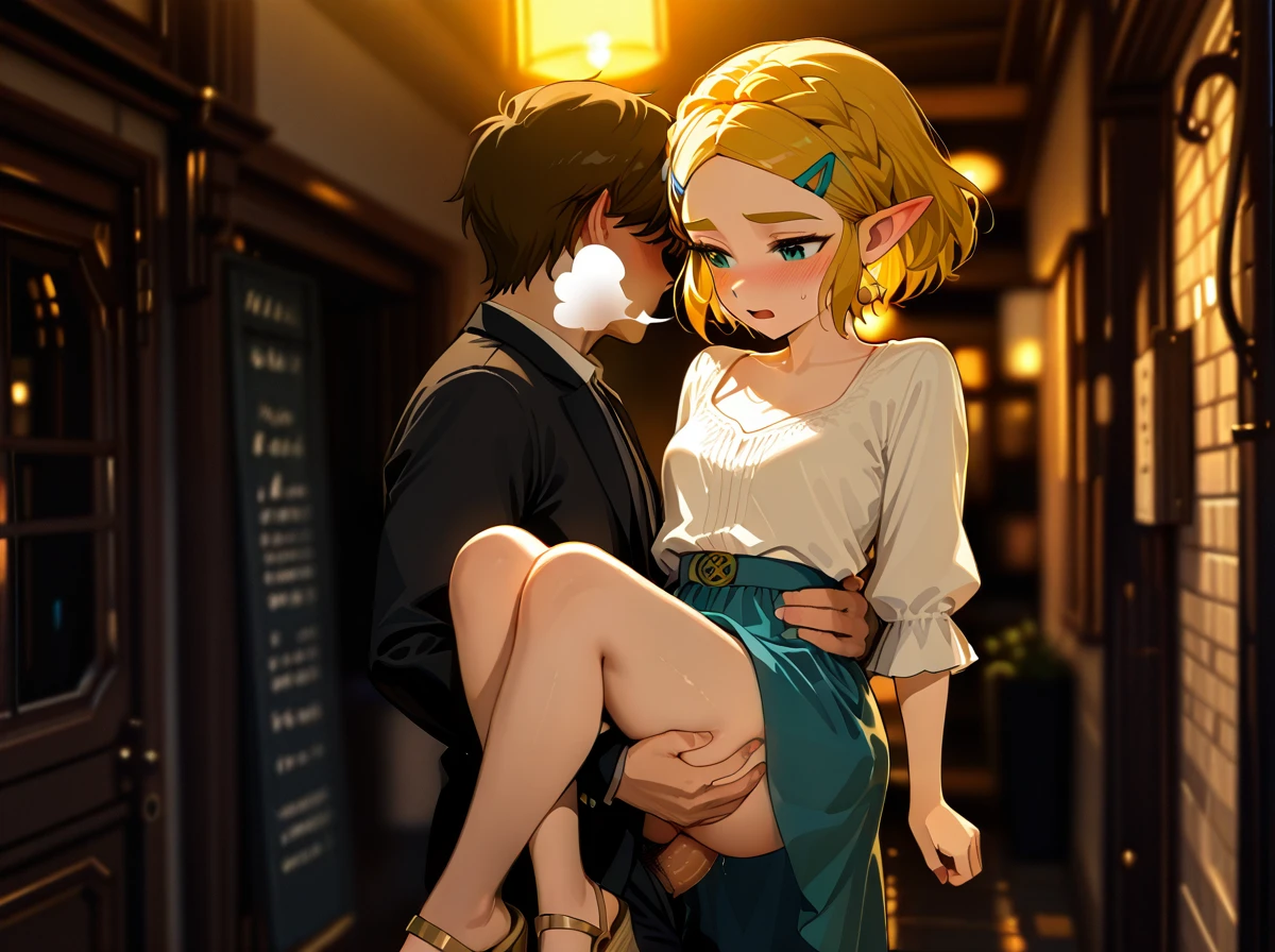 @princess_zelda,  (wide_shot), (full_body), (from_side),  casual_clothes, casual_skirt, low_cut_blouse, wedge, casual_blouse,  petite, teen,  (carrying_under_arm), open_legs, carry,  (sigh), (open_mouth), (blush),  (threesome), (MMF_threesome), (double_penetration) ,between_two_men, (grabbing), 2_men,