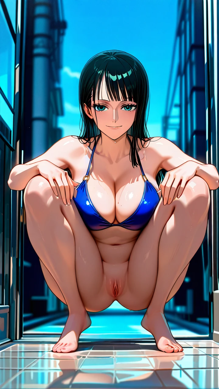 Nico @nico_robin, wearing only a blue bikini top, no underwear , (squatting) , (spread_legs) showing pussy, hands in knees, pretty pussy open with no folds, full view, (three_sided_view) , (from_outside),full body, view from front, wide shot, (looking_at_viewer) , full body visible, face visible, horny face , full body visible inframe