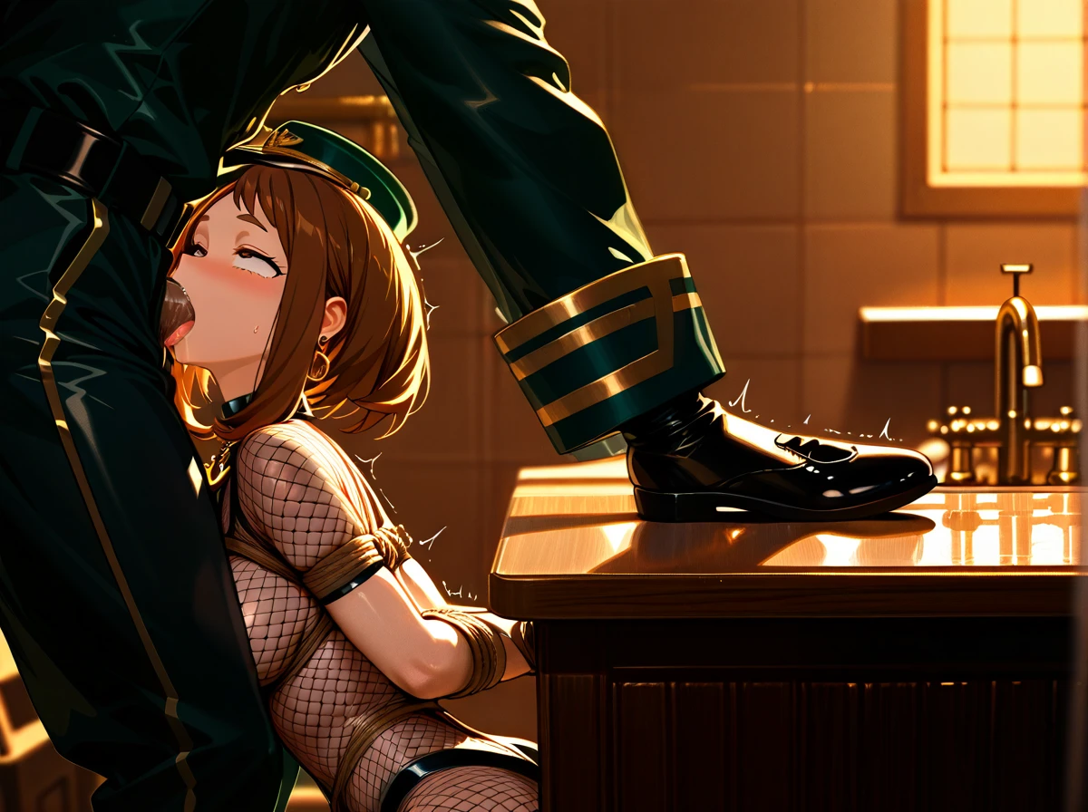 @uraraka_ochako.1girl,1boy, a girl with a man irrumatio, cock_licking, orgasm_shaking, boys_spectating,skinny_abdomen, ,freckled,bare_arms,, ,wrists_bound,hands_on table,anchor_necklace, jean_hotpants,gold_stockings,big_earrings,mesh_bodysuit,ballet_shoes, school_bathroom,, military_hat, high_detailed, dark_hair