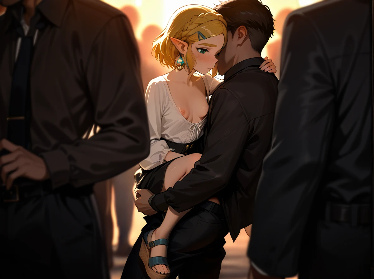 @princess_zelda,   (full_body),   teen, petite,   casual_clothes, skirt, blouse, low_cut_blouse, casual_skirt, wedge,   (double_penetration), (carrying_under_arm),view from the front, surrounded by men, (sex),