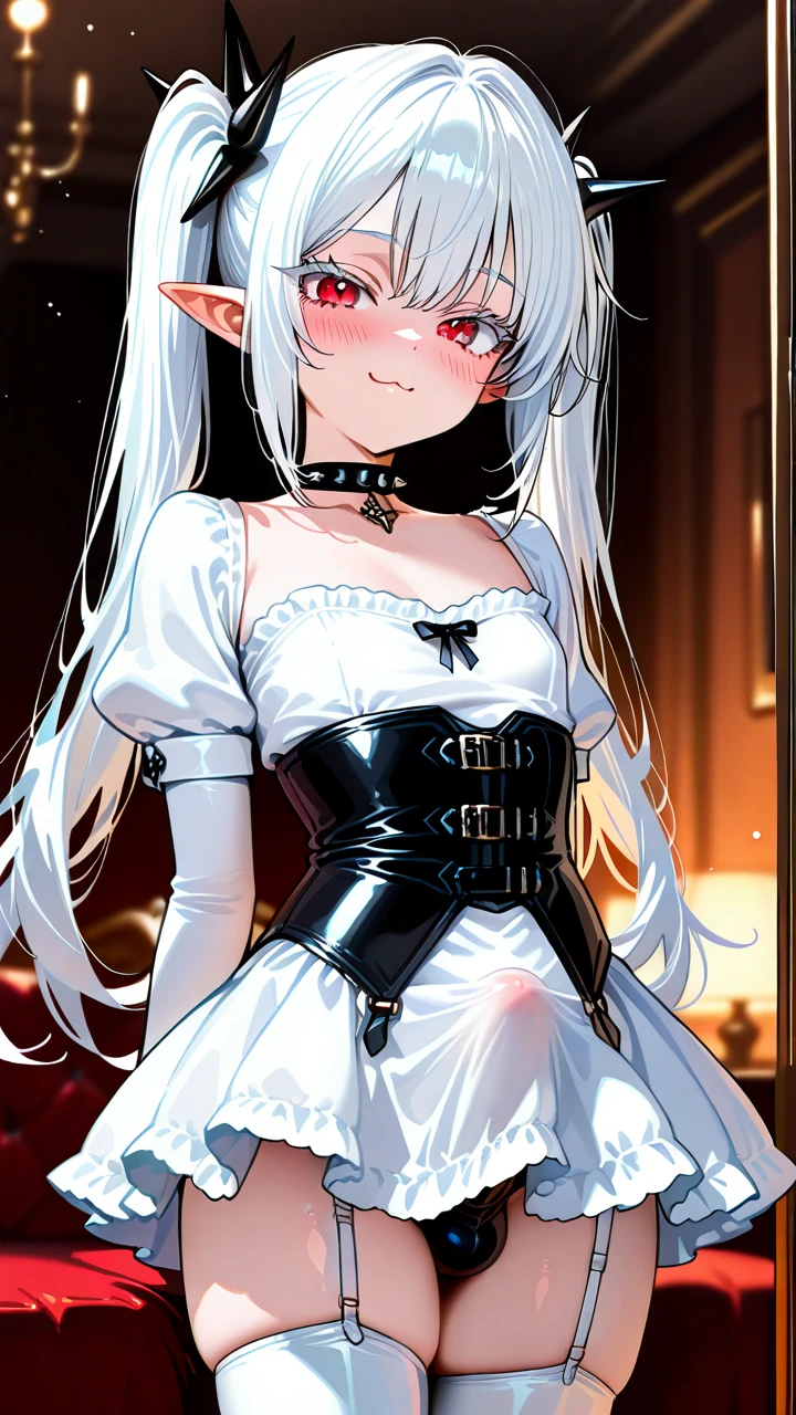 (otoko_no_ko), white_hair, (red_eyes), long_hair, white_eyelashes, pointy_ears, twin_ponytails, :3, (blush), white_dress, (bustier), leather_belts, puffed_sleeves, white_high_thigh_boots, choker_with_spikes, garter_straps, penis_bulge, (underbust),