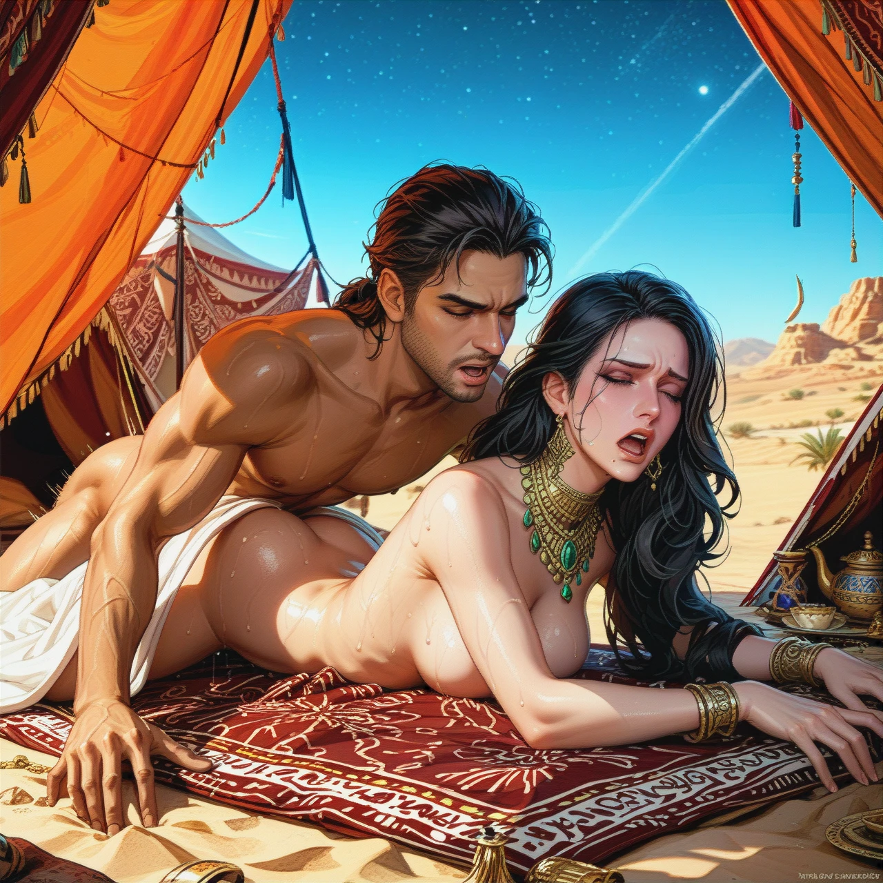 Yennefer,deep thrusting,naked,sweaty,fucked from behind ,(reach-around),arabian male,prone bone, tent , arabian night,desert,henna,arabian makeup,closed eyes,(annoyed),moan in pleasure,arabian accessories ,undressing,arabian dress,trying to leave,blanket,(multiple_views) ,lick her body,(open_mouth) ,reaching for help,