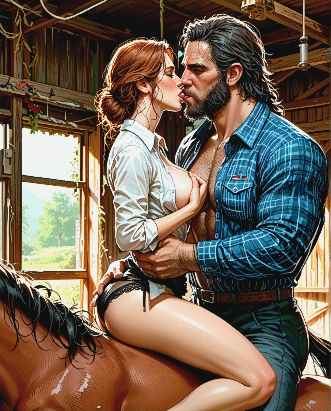 stables, man and woman, (kissing_neck), size difference, bearded sheriff, red dead redemption, (grinding) , (undressing) , (straddling_paizuri)