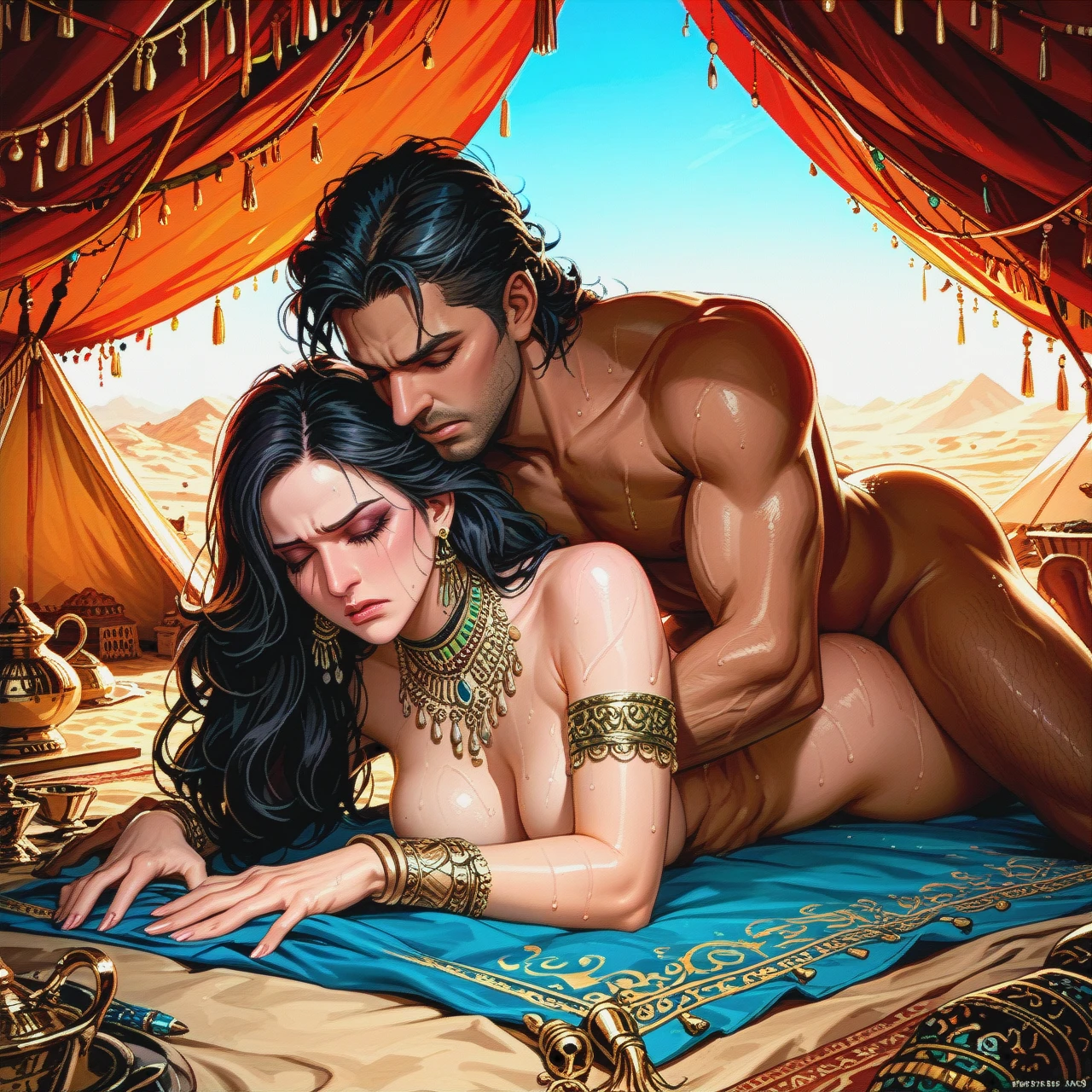 Yennefer,deep thrusting,naked,sweaty,fucked from behind ,(reach-around),arabian male,prone bone, tent , arabian night,henna,arabian makeup,closed eyes,(annoyed),moan in pleasure,arabian accessories ,undressing,arabian dress,trying to quit