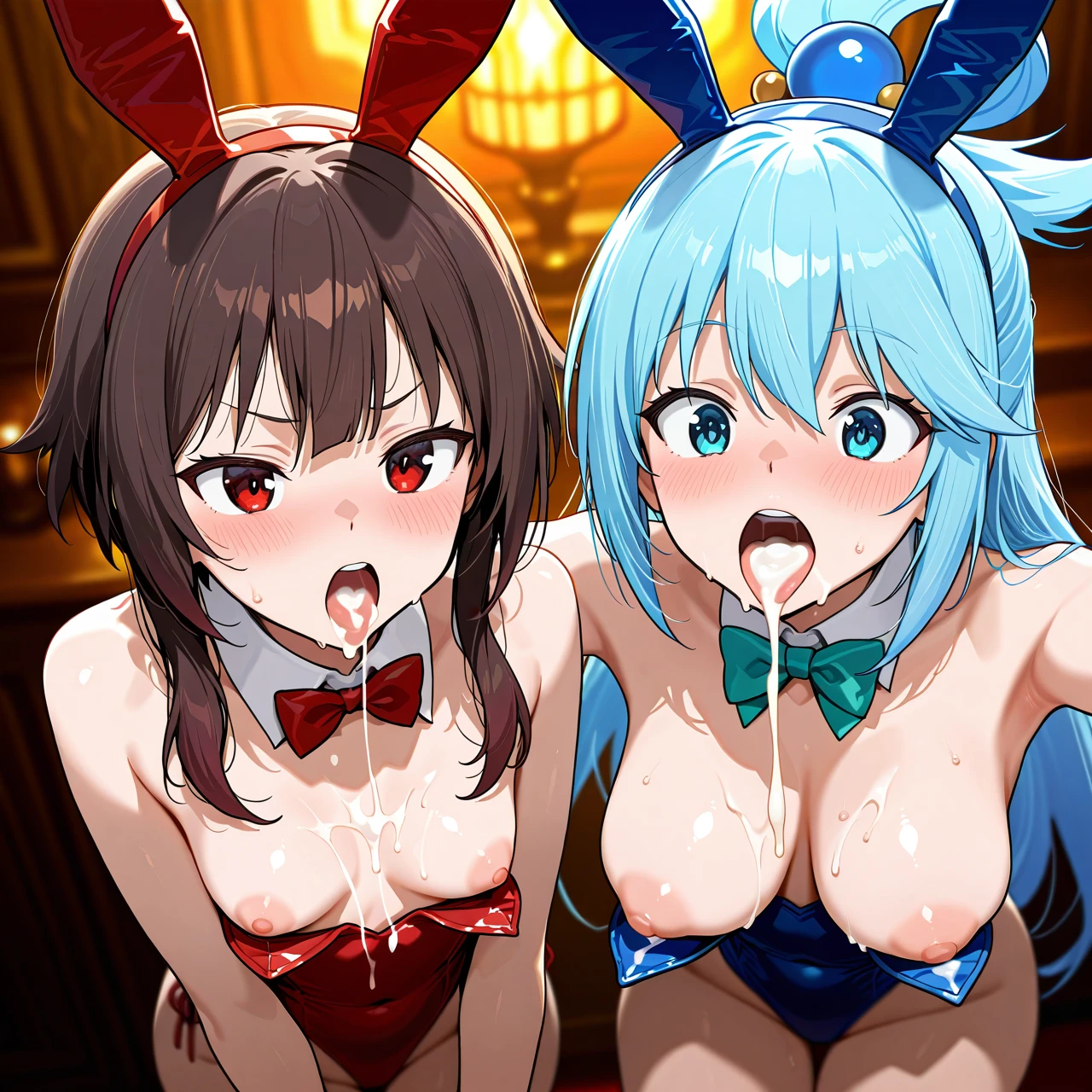 @megumin @aqua (no_nipples) (bunny_pose) (cum_in_mouth) (feeding) @satou_kazuma