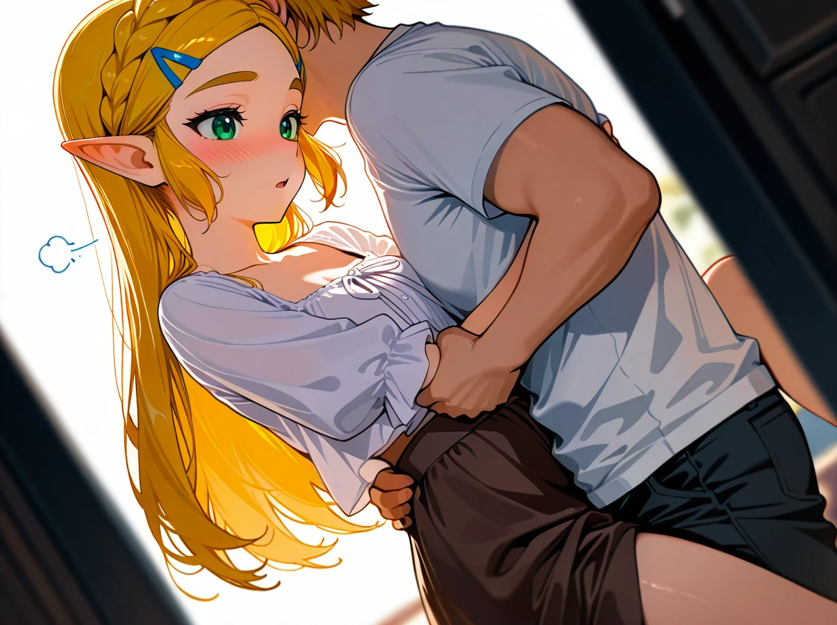 @princess_zelda,  (wide_shot), (dutch_angle), (full_body),   casual_clothes, casual_skirt, wedge, casual_blouse, low_cut_blouse, sexy_blouse,   petite, teen,   (carrying_under_arm), between_men,   (sigh), (blush), (open_mouth),   (threesome), (double_penetration),