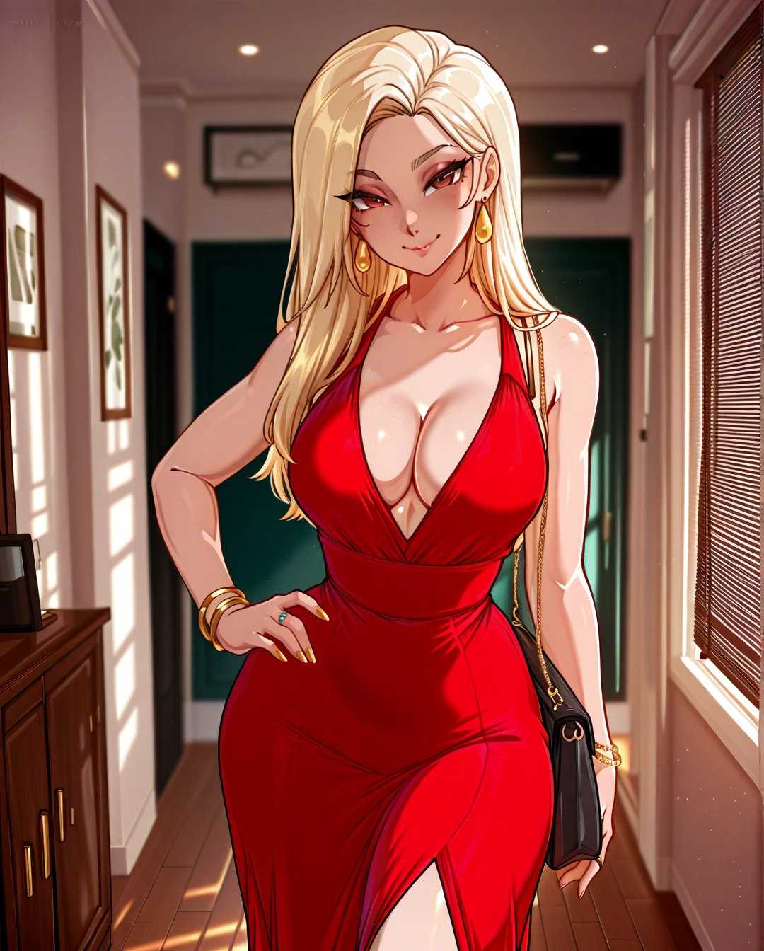 @meruccubus , 1girl, handbag, solo, dress, breasts, blonde_hair, jewelry, bag, ring, long_hair, hand_on_hip, high_heels, red_dress, brown_eyes, smile, earrings, sandals, blinds, bracelet, looking_at_viewer, realistic, indoors, standing, cleavage, medium_breasts, large_breasts