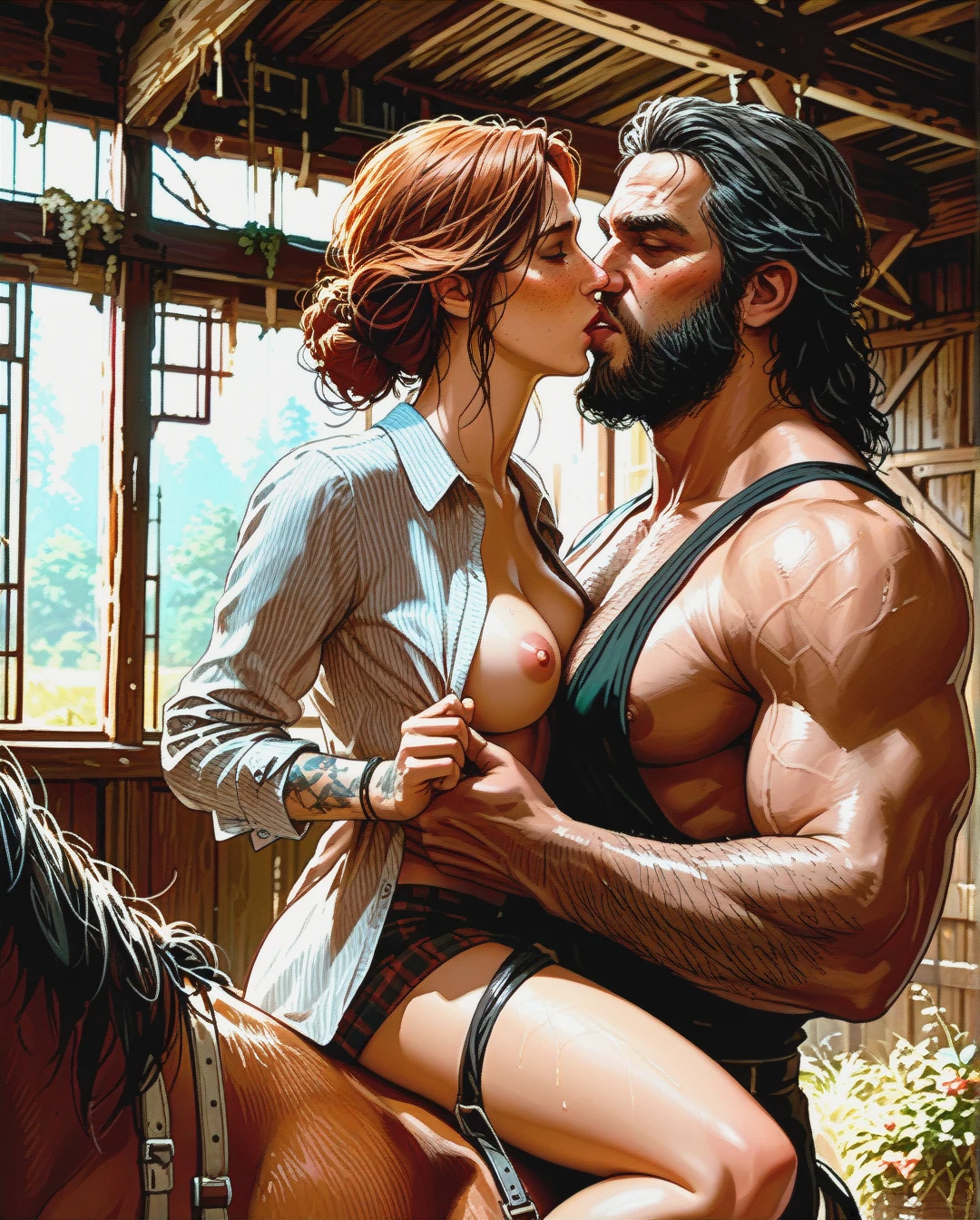 stables, man and woman, (kissing_neck), size difference, bearded sheriff, red dead redemption, (grinding) , (undressing) , (straddling_paizuri)