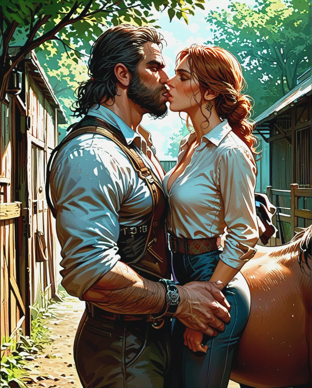 stables, man and woman, (kissing_neck), size difference, bearded sheriff, red dead redemption , (undressing) , (leaning_back)