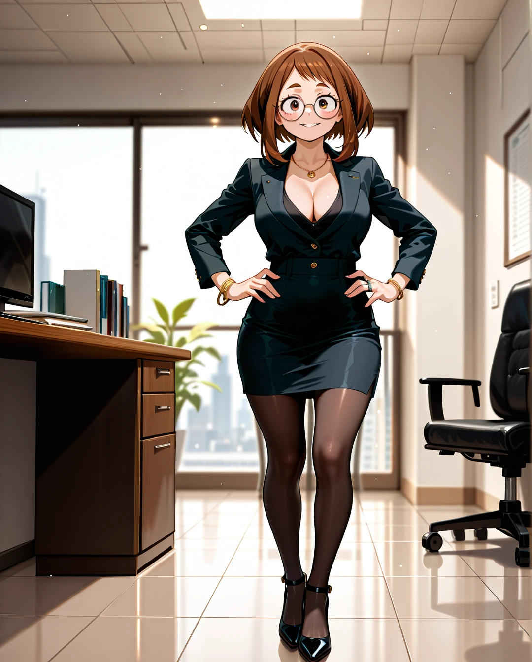 @uraraka_ochako ,1girl, skirt, solo, pantyhose, breasts, high_heels, brown_hair, hands_on_hips, jewelry, cleavage, shirt, necklace, long_hair, brown_eyes, smile, looking_at_viewer, black_footwear, full_body, standing, pencil_skirt, bracelet, indoors, black_shirt, office_lady, black_pantyhose, chair, large_breasts, high-waist_skirt, long_sleeves, brown_pantyhose, parted_lips, ring, realistic, circle_glasses