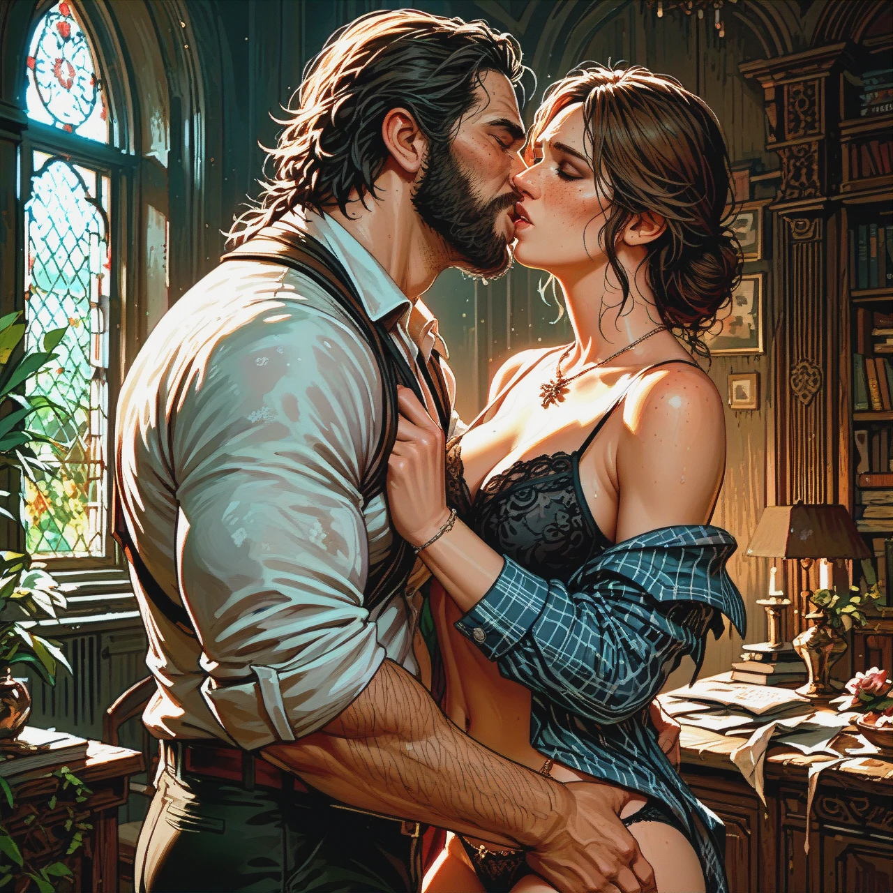 , man and woman, (kissing_neck), size difference, bearded sheriff, red dead redemption , (undressing) , (sex) , wild, passionate, panties,