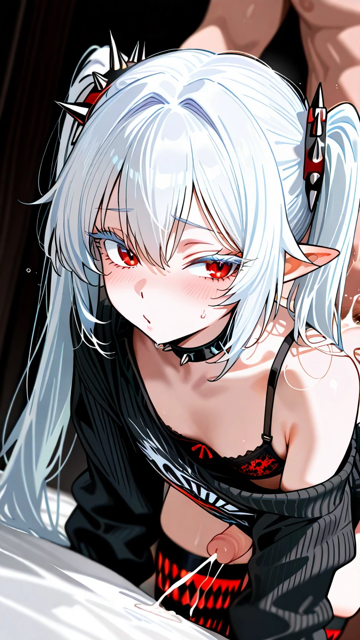 (otoko_no_ko), (red_eyes), white_eyelashes, white_hair, long_hair, twin_ponytails, big_eyelashes, pointy_ears, choker_with_spikes, black_sweater, one_shoulder_naked, winter_thighhighs, rock_print, (bra), (sex_from_behind), (male_penetrated), (anal), erection, ejaculation,