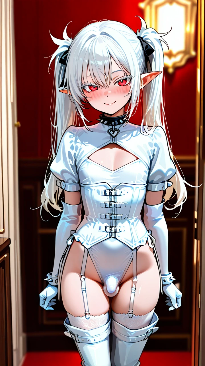 (otoko_no_ko), long_hair, twin_ponytails, white_hair, white_eyelashes, pointy_ears, (red_eyes), blush, smile, choker_with_spikes, (cleavage_cutout), white_leotard, garter_straps, corset, white_high_thigh_boots, white_elbow_gloves, leater_belts, penis_bulge, flat_chastity_cage,