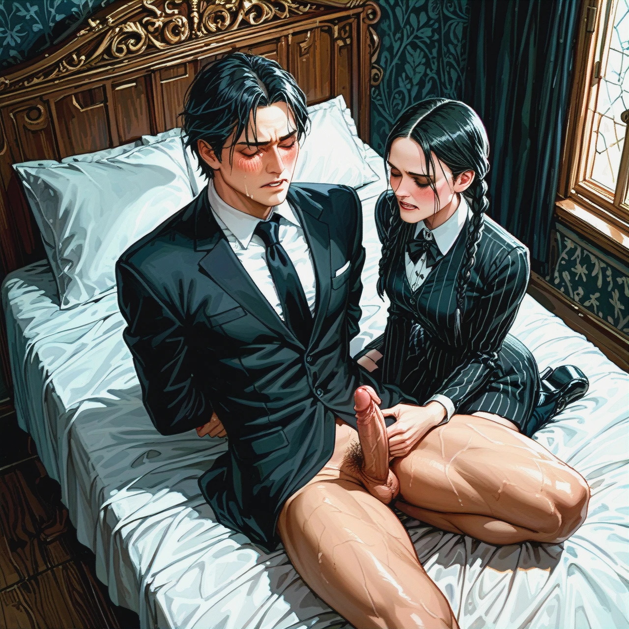 1 man + 1 girl. Wednesday Addams, naked, tied up, eyes closed, blush on her cheeks, teeth clenched, black socks, black patent leather shoes, sitting on the bed. Man, young, tall, erection, big dick, grabs Wednesday Addams by the tits. Bedroom.