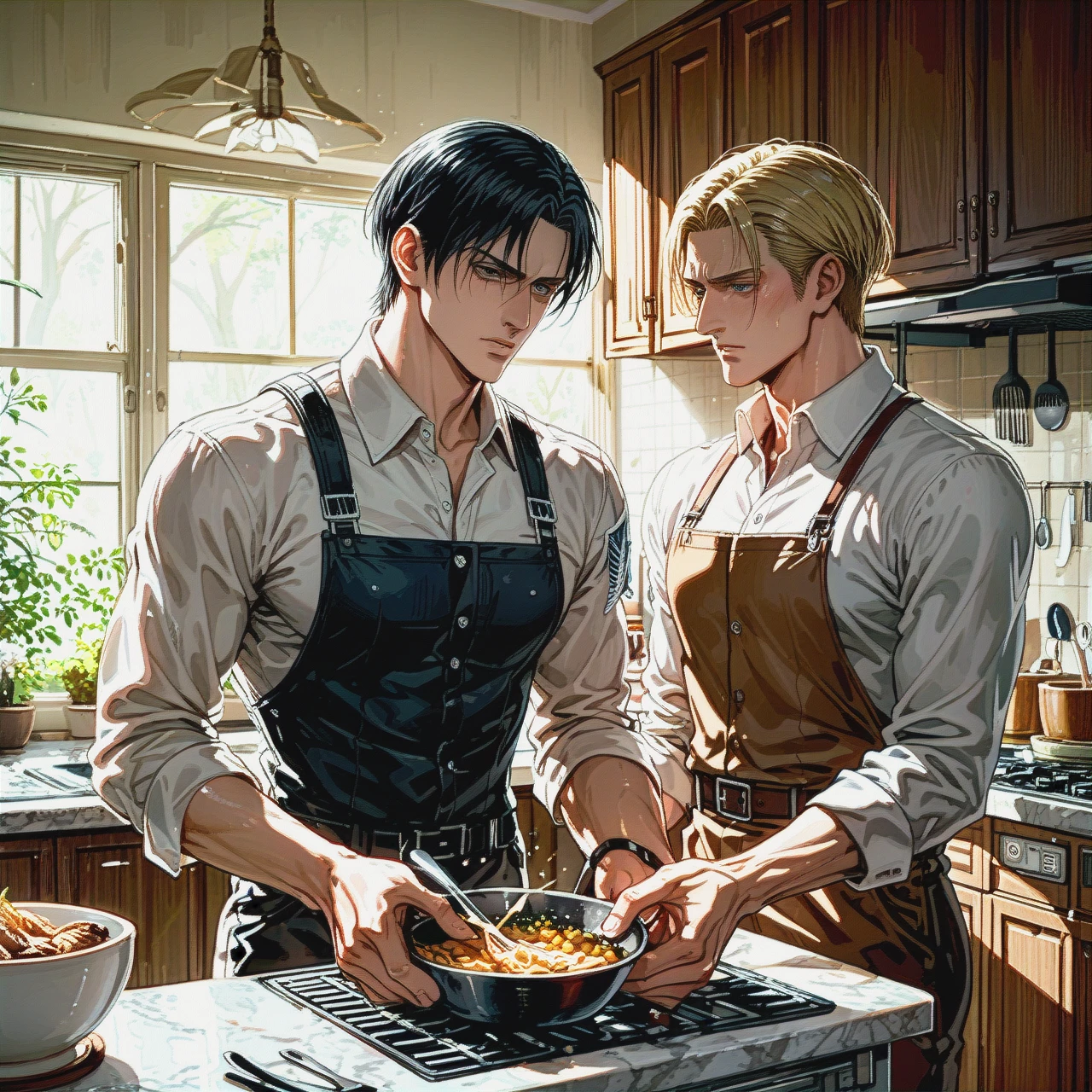 Two guys,  tall blonde man @erwin_smith and @levi, cooking together, sweet, gays, yaoi, kitchen