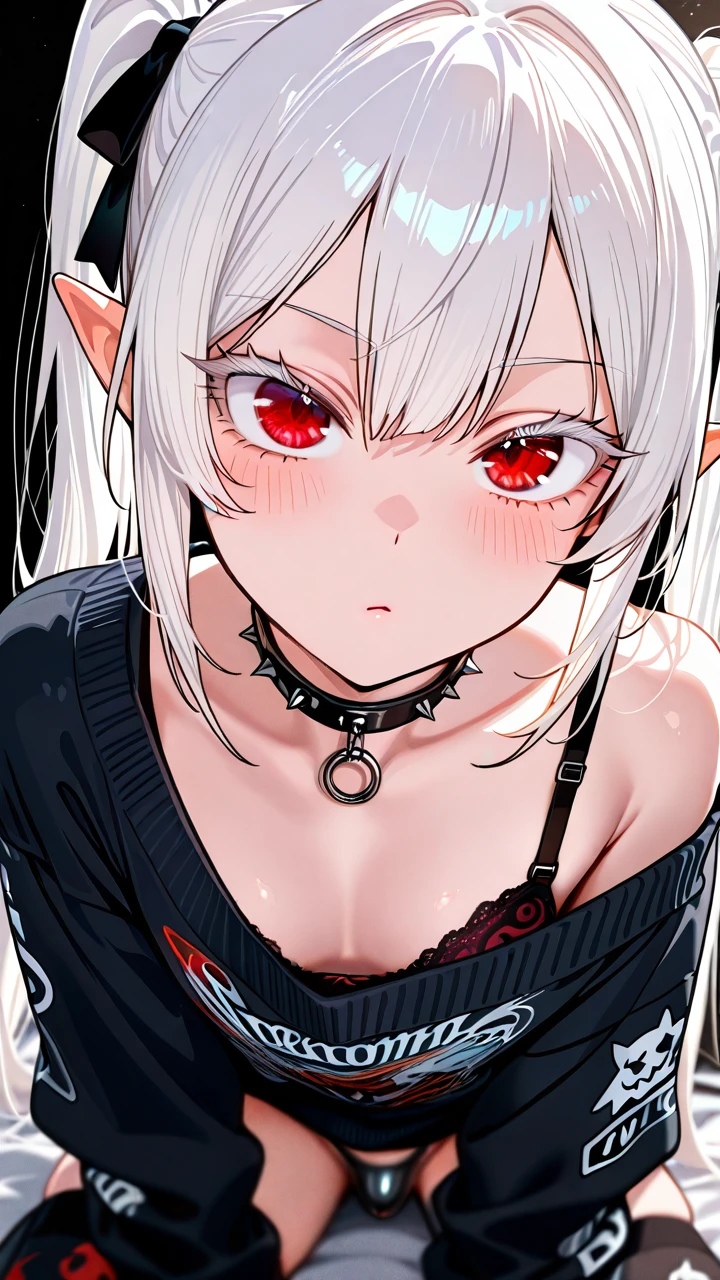 (otoko_no_ko), (red_eyes), white_eyelashes, white_hair, long_hair, twin_ponytails, big_eyelashes, pointy_ears, choker_with_spikes, black_sweater, one_shoulder_naked, winter_thighhighs, rock_print, (bra), (close-up), flat_chastity_cage,