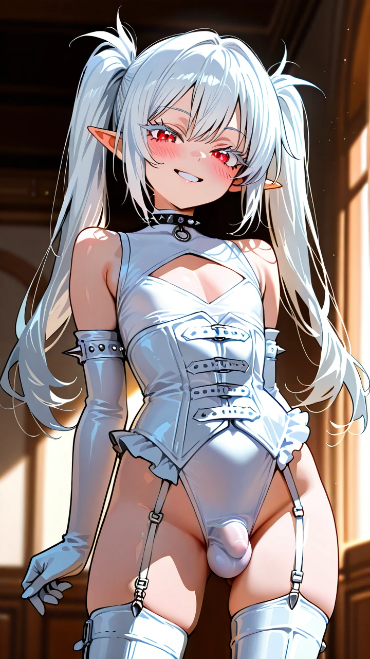 (otoko_no_ko), long_hair, twin_ponytails, white_hair, white_eyelashes, pointy_ears, (red_eyes), blush, smile, choker_with_spikes, (cleavage_cutout), white_leotard, garter_straps, corset, white_high_thigh_boots, white_elbow_gloves, leater_belts, penis_bulge, flat_chastity_cage,