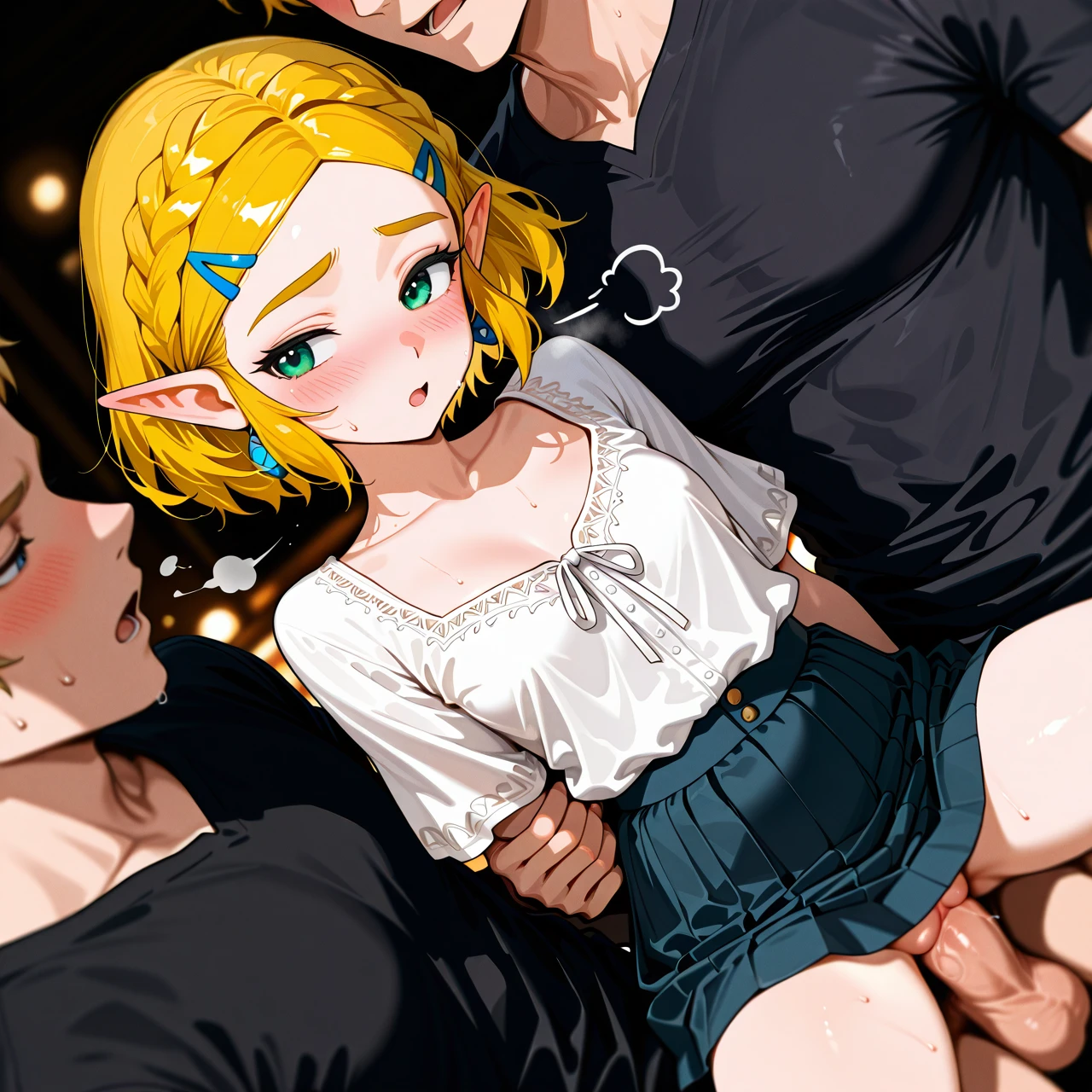 (threesome), 2men, @princess_zelda,   (full_body), (dutch_angle),  teen, petite,   casual_clothes, skirt, blouse, low_cut_blouse, casual_skirt, wedge,   (sigh), (open_mouth), (blush),  (double_penetration), (carrying_under_arm),