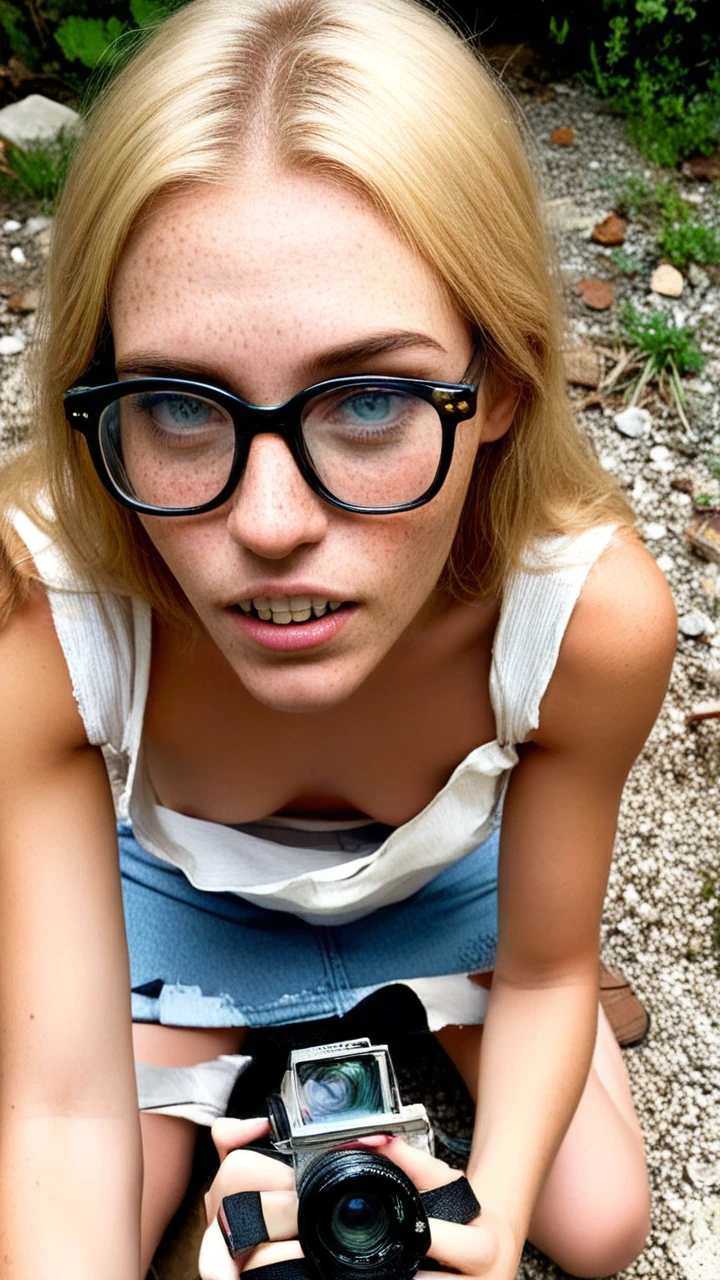 (One_girl), (flat_chest), (glasses), (blonde), (sitting on the ground), (subject is viewed from above), (camera man is standing over subject), (freckles), (blushing), (flustered), (subject is wearing a loose shirt), (hunched over), (big eyes), (nipples), (looking away from camera), (shy), (down blouse view), (braces)