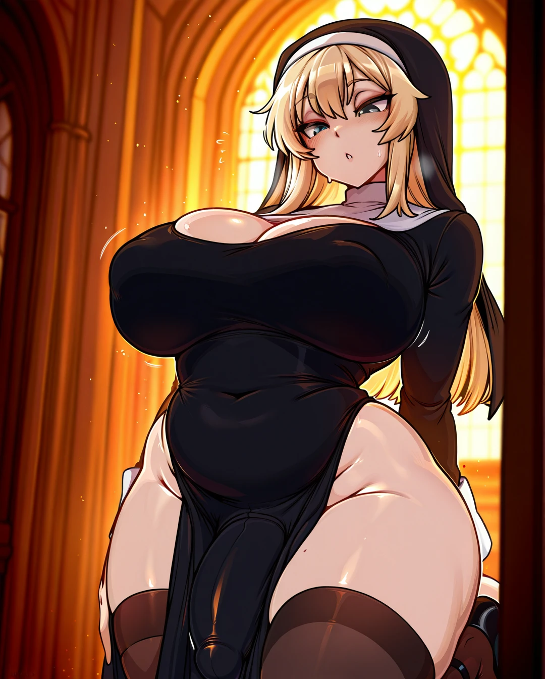 merunyaa, wide hips, blonde, long hair, (gigantic_breasts), neckline, (sagging_breasts), (plump), tight nun outfit, stockings, futanari, giant cock bulge, large cock, veiny cock, heels