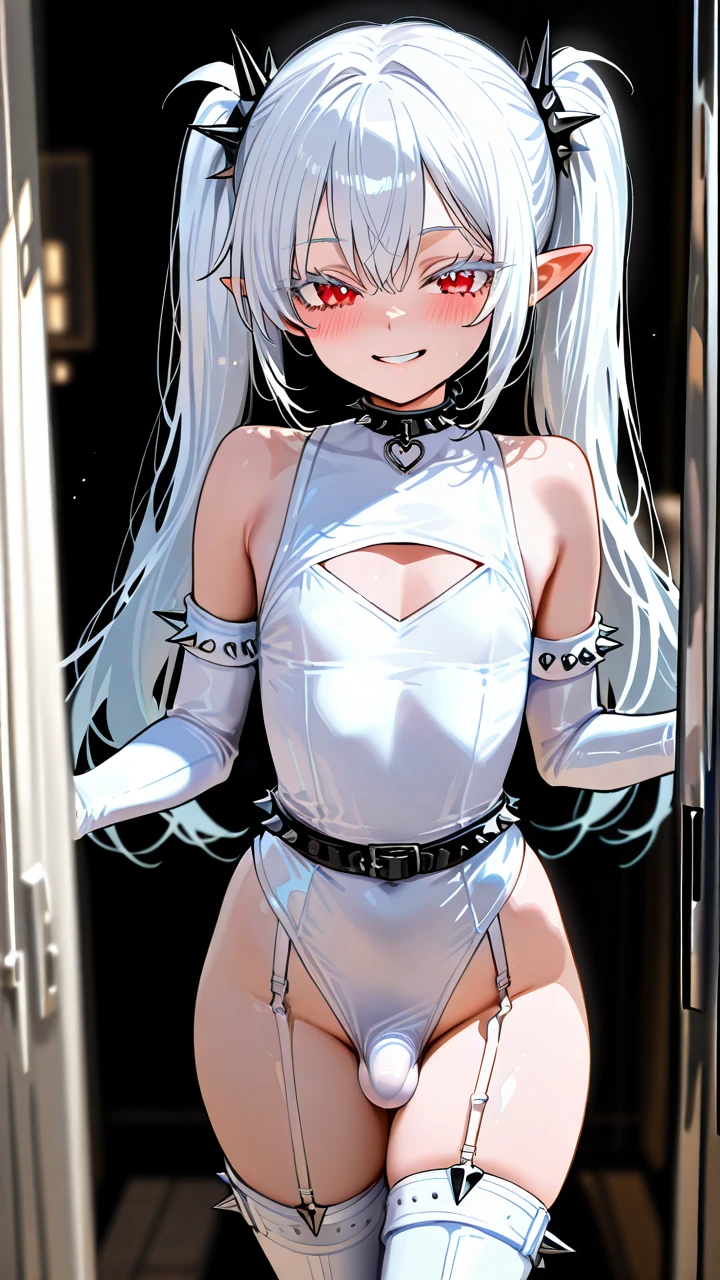 (otoko_no_ko), long_hair, twin_ponytails, white_hair, white_eyelashes, pointy_ears, (red_eyes), blush, smile, choker_with_spikes, (cleavage_cutout), white_leotard, garter_straps, white_high_thigh_boots, white_elbow_gloves, leater_belts, penis_bulge, flat_chastity_cage,