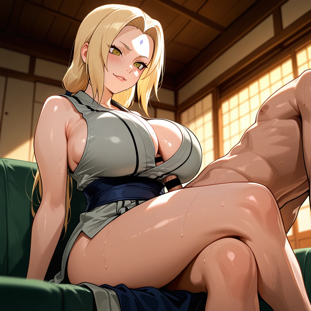 1boy, 1girl, (paizuri_under_clothes), (sitting), (crossed_legs), (femdom), (clothed_female_nude_male), @tsunade