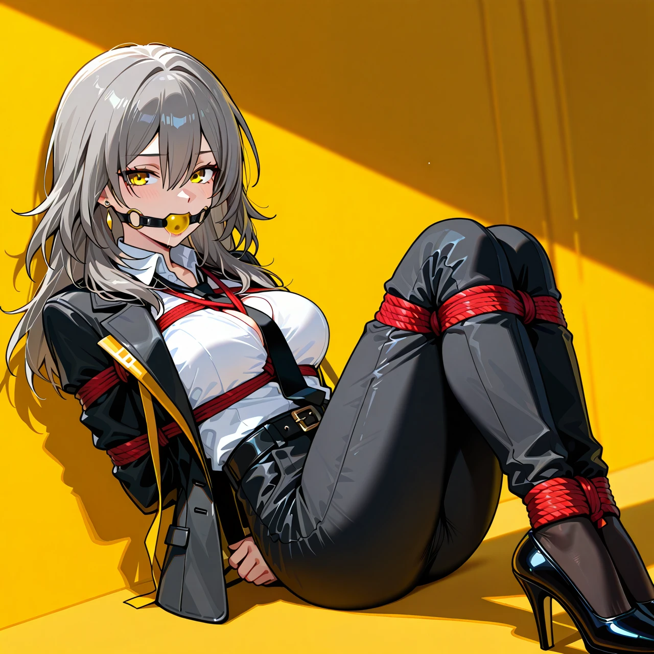 1girl, solo, one girl, belt, black belt, black jacket, black necktie, black pants, bound, bound arms, breasts, cleavage, collared shirt, dress shirt, earrings, formal, grey hair, hair between eyes, high-waist pants, classic jacket, jewelry, large breasts, long hair, long sleeves, medium breasts, necktie, open clothes, open jacket, classic pants, parted lips, ribbon, shirt, shirt tucked in, stelle \(honkai: star rail\), suit, white shirt, yellow background, yellow eyes, heels, bondage ribbon, gagged, gag, yellow ball gag, bound, bound ankles, bound arms, bound legs, rope pattern on chest, black rope, (bondage), (shibari), yellow ribbons, black tie, black socks