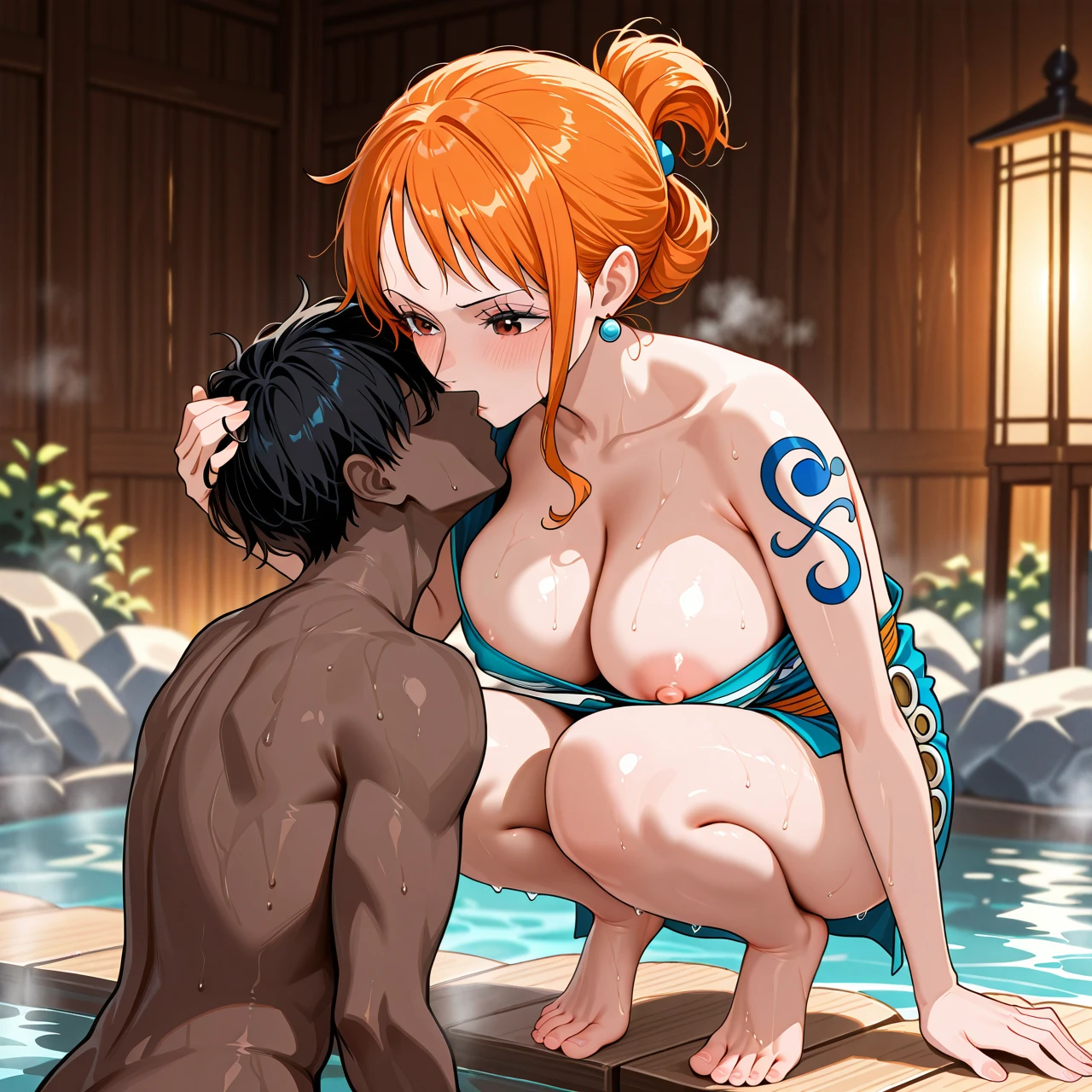 male foot , onsen, sole male, sole female, pulled back hairstyle, (squatting), (mature_female) , (nipple_slip) , (smelling) , @nami , wano blue outfit, kunoichi , interracial,(smelling_feet) , worshipping boy feet