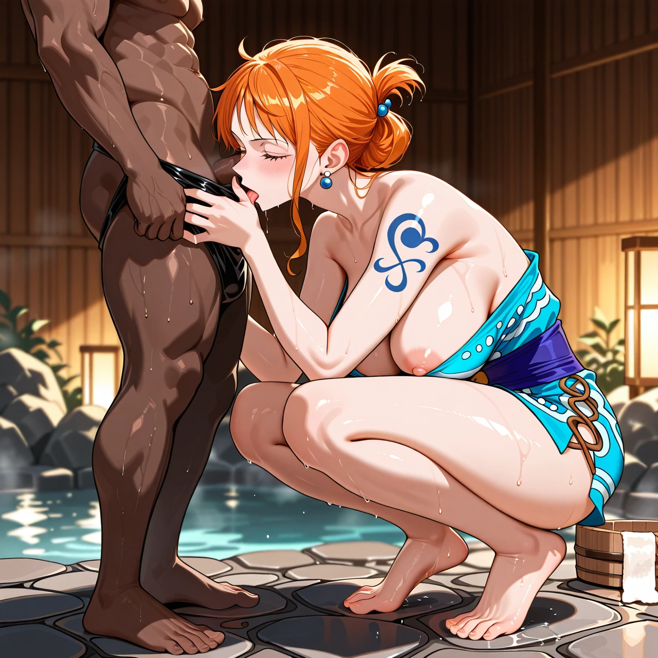 male foot , onsen, sole male, sole female, pulled back hairstyle, (squatting), (mature_female) , (nipple_slip) , (smelling) , @nami , wano blue outfit, kunoichi , interracial,(smelling_feet) , worshipping boy feet, (licking_foot)