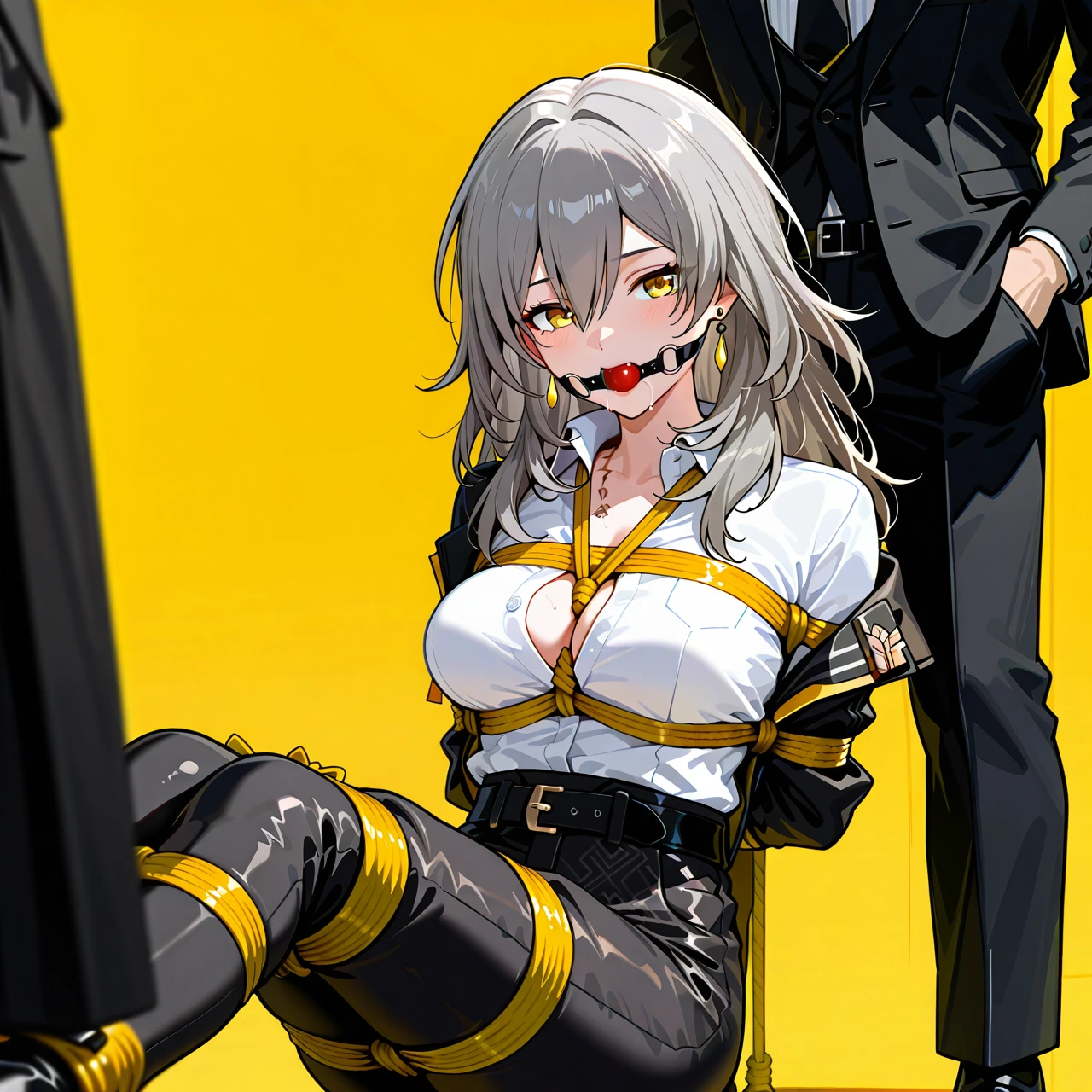 1girl, belt, black belt, black jacket, black necktie, black pants, bound, bound arms, breasts, cleavage, collared shirt, dress shirt, earrings, formal, grey hair, hair between eyes, high-waist pants, jacket, jewelry, large breasts, long hair, long sleeves, medium breasts, necktie, open clothes, open jacket, pants, parted lips, ribbon, shirt, shirt tucked in, stelle \(honkai: star rail\), suit, trailblazer \(honkai: star rail\), white shirt, yellow background, yellow eyes, heels bondage, gagged, gag, ball gag, bound, bound ankles, bound arms, bound legs, rope pattern on chest, black rope, (bondage), (shibari), yellow rope