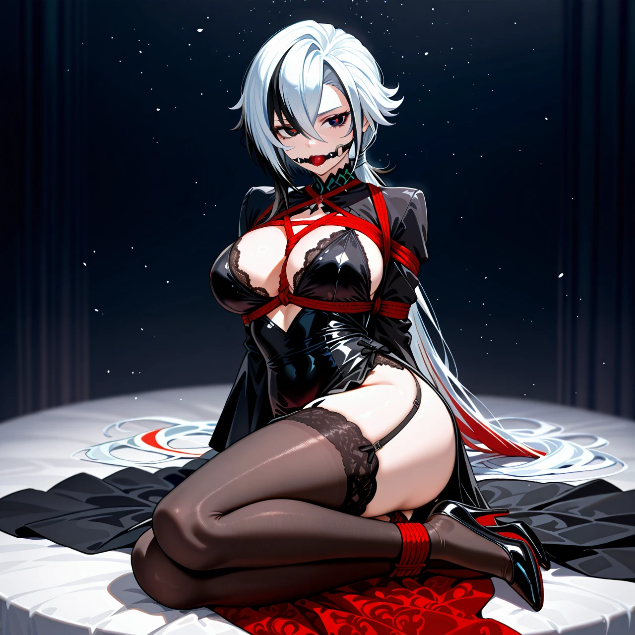 1girl, alternate costume, arlecchino \(genshin impact\), black dress, black eyes, black footwear, black hair, black thighhighs, breasts, cleavage, dress, full body, garter straps, hair between eyes, high heels, lace trim, long hair, long sleeves, multicolored hair, red hair, side slit, solo, streaked hair, thighhighs, very long hair, white hair, wide sleeves, x-shaped pupils bondage, gagged, gag, ball gag, bound, bound ankles, bound arms, bound legs, rope pattern on chest, black rope, (bondage), (shibari),