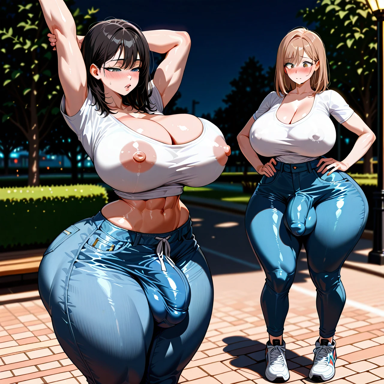 (1futanari,tall curvy muscular futanari,darkbrown futanari,futanari taller,black-haired futanari,yellow-eyed futanari,shocked futanari,looking on girl,wearing sports t-shirt and pants,huge cock bulge under pants,embarassed face,hands on hips,wide hips,thick thighs).(1girl,curvy,skinny,voluptuous female,narrow body,narrow waist,narrow shoulders,narrow torso,hyper bottom heavy,huge hips,massive thighs,gigantic bubblebutt,gigantic breasts,white tight nipple-bulged top with cleavage, tight denim,sneakers,shy,half-closed eyes,light-brown medium hair,grey eyes,giant puffy lips,blush,butt too big,standing,stretching her back,(arms_up) ,crooked back),girl and futanari standing together,height difference,park,night