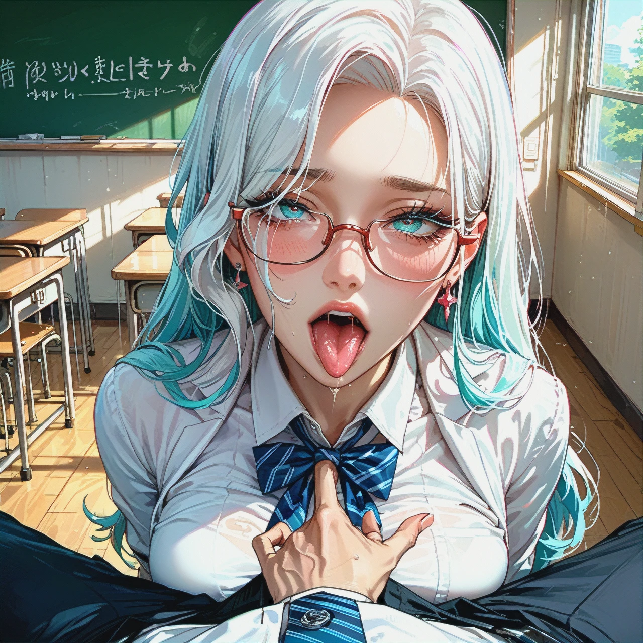 girl with long white hair, glasses, masturbates In the classroom without clothes, ahegao (fingering_through_clothes)