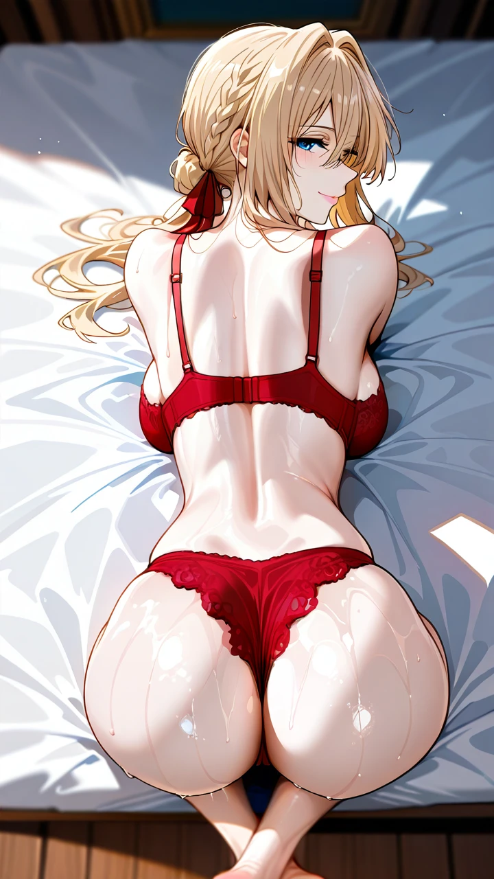 one woman,red bra ,pale skin,cute face,big eyes  ,seductive smile,long hair,yellow hair,blue eyes,(on_stomach), (back_focus), (ass_focus),full body from above, high quality,masterpiece,attractive mature lady, feet, (on_stomach) , legs, full, full_lenth, (foot_focus) , (crossed_ankles) , (backboob) , (skinny) , wet ,  (on_stomach) ,(on_stomach) ,(on_stomach) , @violet_evergarden ,