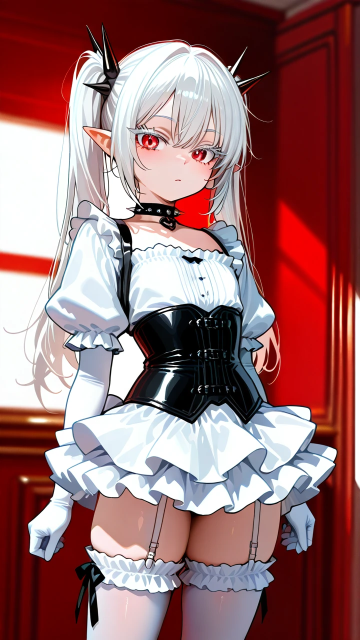 (otoko_no_ko), (red_eyes), white_eyelashes, white_hair, long_hair, big_eyelashes, pointy_ears, twin_ponytails, choker_with_spikes, white_frilled_skirt, puffed_sleeves, white_elbow_gloves, (underbust), corset, frilled_thighhighs, garter_straps,