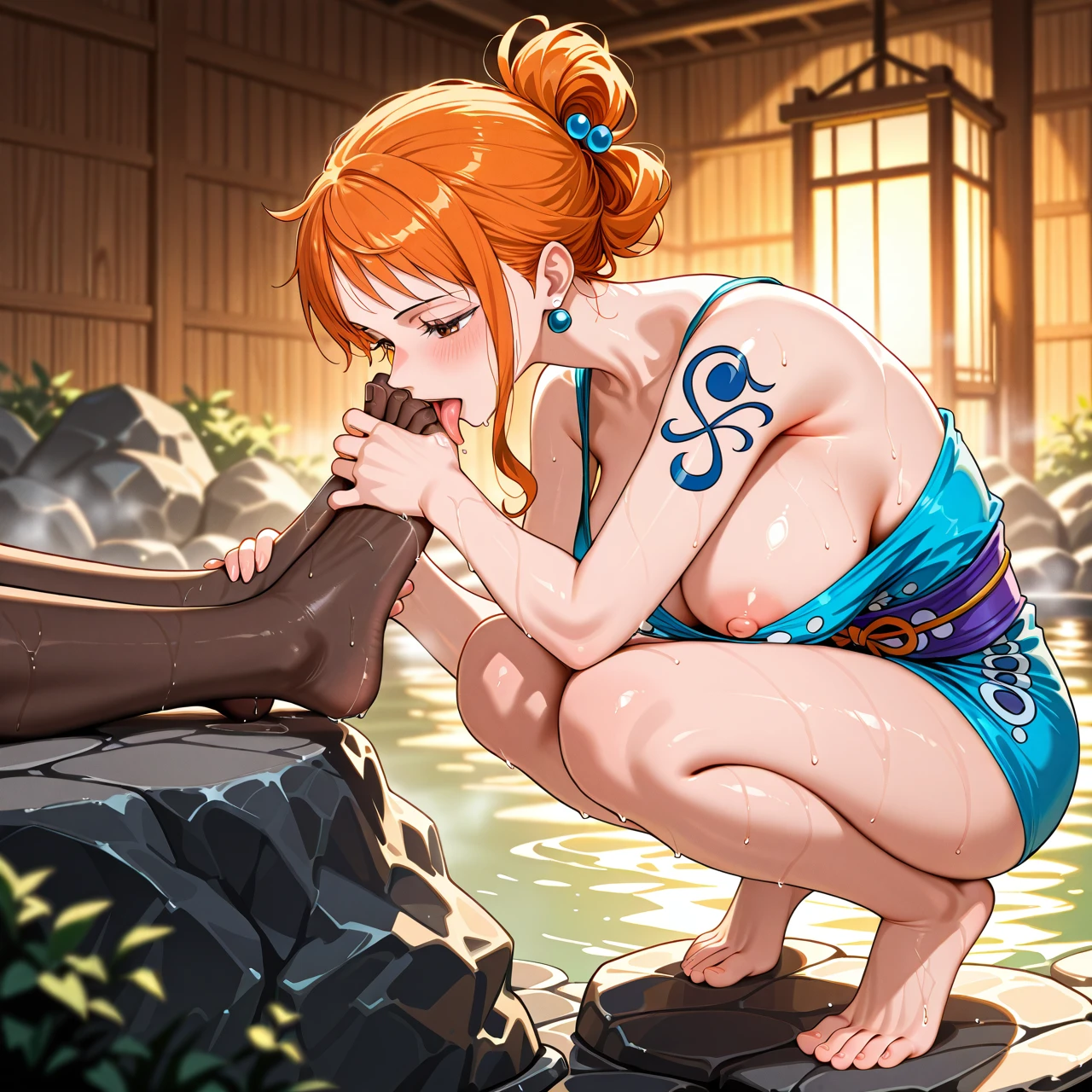 male foot , onsen, sole male, sole female, pulled back hairstyle, (squatting), (mature_female) , (nipple_slip) , (smelling) , @nami , wano blue outfit, kunoichi , interracial,(smelling_feet) , worshipping boy feet, (licking_foot)