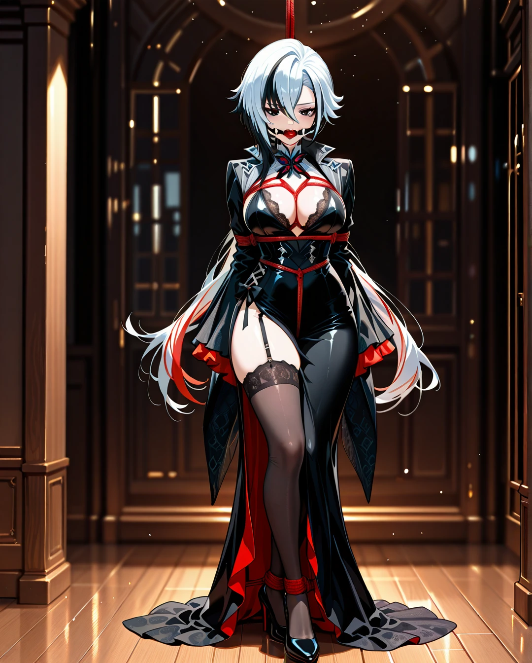 1girl, alternate costume, arlecchino \(genshin impact\), black dress, black eyes, black footwear, black hair, black thighhighs, breasts, cleavage, dress, full body, garter straps, hair between eyes, high heels, lace trim, long hair, long sleeves, multicolored hair, red hair, side slit, solo, streaked hair, thighhighs, very long hair, white hair, wide sleeves, x-shaped pupils, standing, bondage, gagged, gag, ball gag, bound, bound ankles, bound arms, bound legs, rope pattern on chest, black rope, (bondage), (shibari),