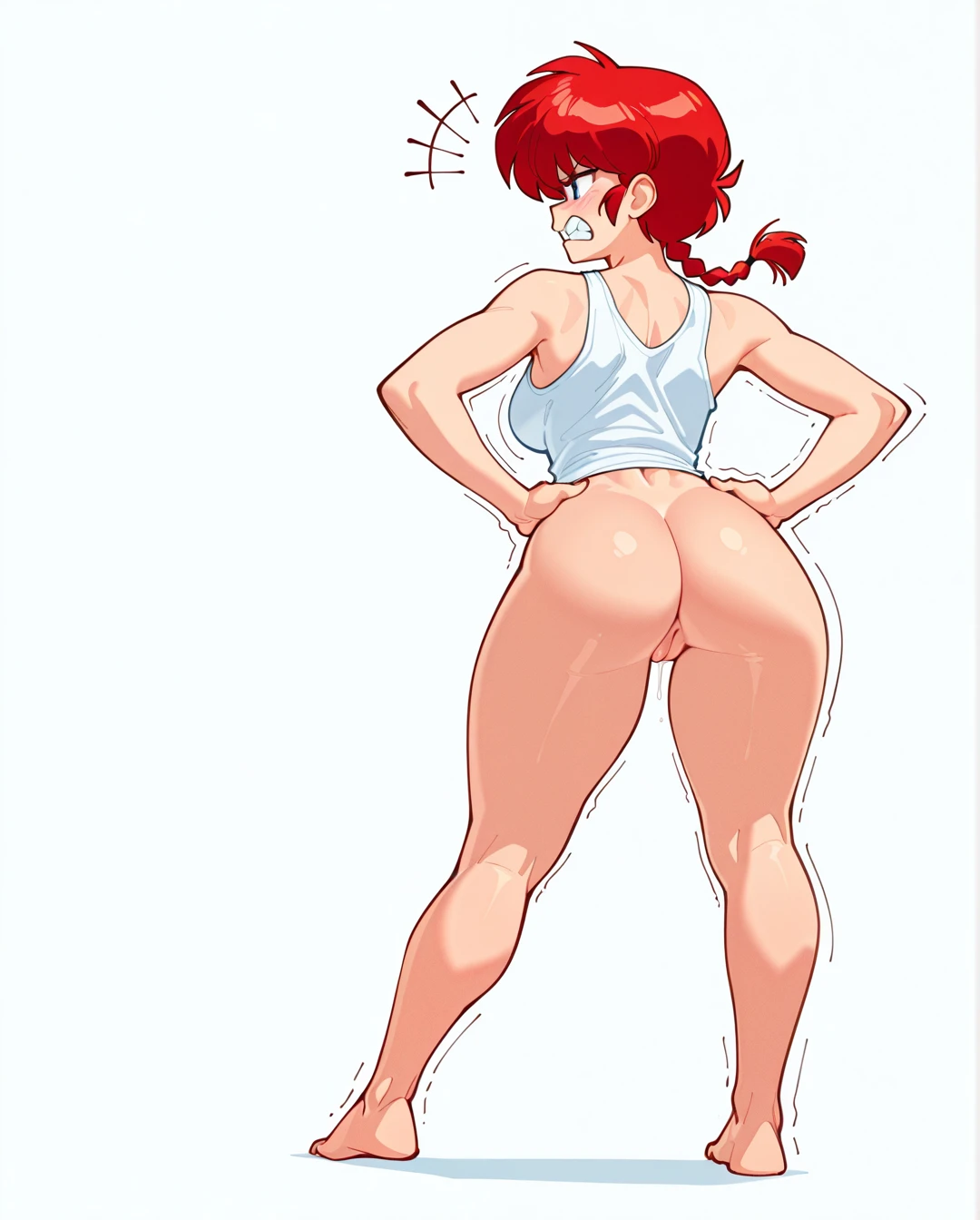 suoiresnu, @ranma-chan red hair (annoyed) (clenched_teeth), innie pussy puffy pussy, massive hips, (hands_on_hips) standing, white tank top fully nude, white blank background, (looking_afar), full body, massive ass, massive thighs